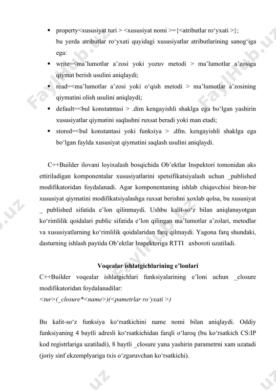 siyalarning tez chaqirilishi c++builder kompilyatorininggina vazifasiga kirmaydi. voqealarga ishlov berish funksiyalarini e’lon qilishda_fastcall ning qo‘llanishiga aloxida e’tibor berish kerak. bu voqealarni c++builder avtomatik tarzda generatsiya qiladi. nomlar fazosi oddiy ilovalarning ko‘pi dastlabki dastur matniga ega bo‘lgan bir nechta fayldan iborat. bu fayllar dasturchilar guruxi tomonidan yaratilishi va xizmat ko‘rsatilishi mumkin. pirovard natijada barcha fayllar birga to‘planadi va tayyor ilovani yig‘ishdan iborat bo‘lgan so‘nggi protseduradan o‘tadi. an’anaviy tarzda qabul qilinishicha, biron bir lokal soxa (funksiya, sinf tanasi yokitranslyatsiya moduli) ga kiritilmagan barcha nomlar umumiy global ismlarni bo‘lib olishadi. shuning uchun, agar ayrim modullarni yig‘ish jarayonida nomlar takroran aniqlangani ayon bo‘lib qolsa, bu xolda xar bir nomni qandaydir yo‘l bilan farqlash zarurligini talab qiladi. c++da bu muammoning yechilishi nomlar fazosi(namespace) mexanizmi zimmasiga yuklatilgan. bu mexanizm ilovani bir necha tarmoq tizimlar (tizimchalar) ga bo‘lib tashlash imkonini beradi, bunda xar bir tarmoq tizim nomlarni tanlashda erkin ish tutadi, xamda uning muallifi xuddi shunday ismlardan …