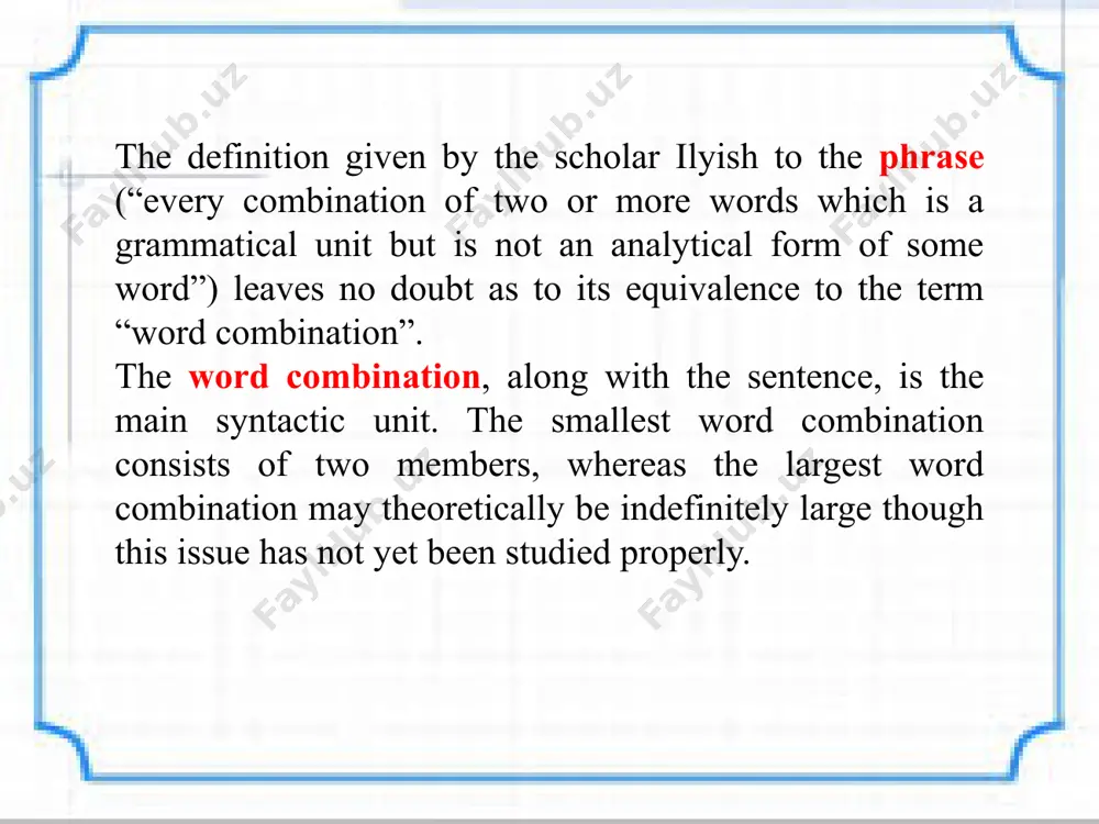 according to the head element word combinations have the following types in compared languages: english → noun-phrases – a cup of tea, verb-phrases – to run fast, to see a house, adjective phrases – good for you, adverbial phrases – so quickly, pronoun phrases – something strange, nothing to do. russian → verb phrase – прыгать через верёвочку, бегал по двору, adverbial phrase – совсем близко, на едине с тобой, nominal phrase: substantial – красное пальто, стол с тумбочкой, adjective – почти серьёзный, полный сомнения, красный от натуги, pronoun - кто-нибудь из нас, я с товарищем, quantitative – один из нас, второй по порядку. uzbek→ verb phrase – вазифани бажармоқ, тез ўқиш, nominal phrase: noun phrase – кенг дала, adjective phrase – тухумдан кичик,quantitative phrase –одамларнинг бири, pronoun phrase – ўқувчиларнинг ҳаммаси. types of dependent relation in russian and uzbek languages can be in three types: agreement, government, and adjoining …