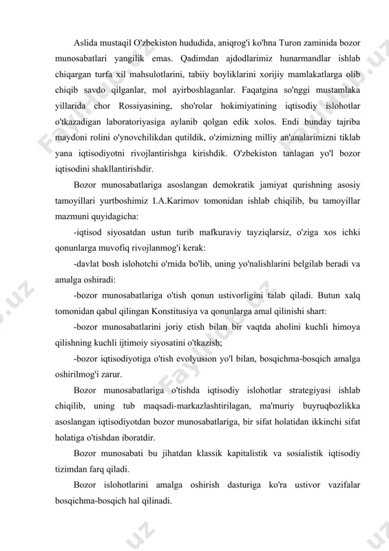 zor munosabati bu jihatdan klassik kapitalistik va sosialistik iqtisodiy tizimdan farq qiladi. bozor islohotlarini amalga oshirish dasturiga ko'ra ustivor vazifalar bosqichma-bosqich hal qilinadi. birinchi bosqichda birdaniga ikki vazifani hal qilish kerak: ma'muriy buyruqbozlik tizimini og'ir oqibatlarini tugatib, iqtisodni barqarorlashtirish va yangisini qurmay, eskisini buzmaslik qabilida ish ko'rish kerak. bu o'tish jarayonida asosiy e'tiborni yangi bozor munosabatlarining huquqiy bazasini vujudga keltirish, ishlab chiqarishning pasayib borishiga barham berishga qaratmog'i kerak. bozor munosabatlariga o'tishning asosiy sharoitlaridan biri sifatida mulkni davlat tasarrufidan chiqarish va xususiylashtirish amalga oshiriladi. bu bilan davlat monopoliyasi tugatilib, ma'muriy buyruqbozlik buzildi va bozor iqtisodiyotiga asos solindi, mulkdorlar sinfi shakllandi, xorijiy sarmoyadan foydalanib, ishlab chiqarish samaradorligi oshdi. mulkni xususiylashtirish va ko'p ukladli iqtisodni shakllantirish o'zbekistonda ikki bosqichda amalga oshirildi. birinchi bosqich 1992-1993 yillari amalga oshirildi. bu davrda asosan maishiy xizmat, savdo korxonalari, transport va qurilishning kichik korxonalari, qayta ishlash korxonalari mulk shakli o'zgartirilib, mulkning ijara, jamoa, aksiadorlik shakllari vujudga keldi. uy-joylar …