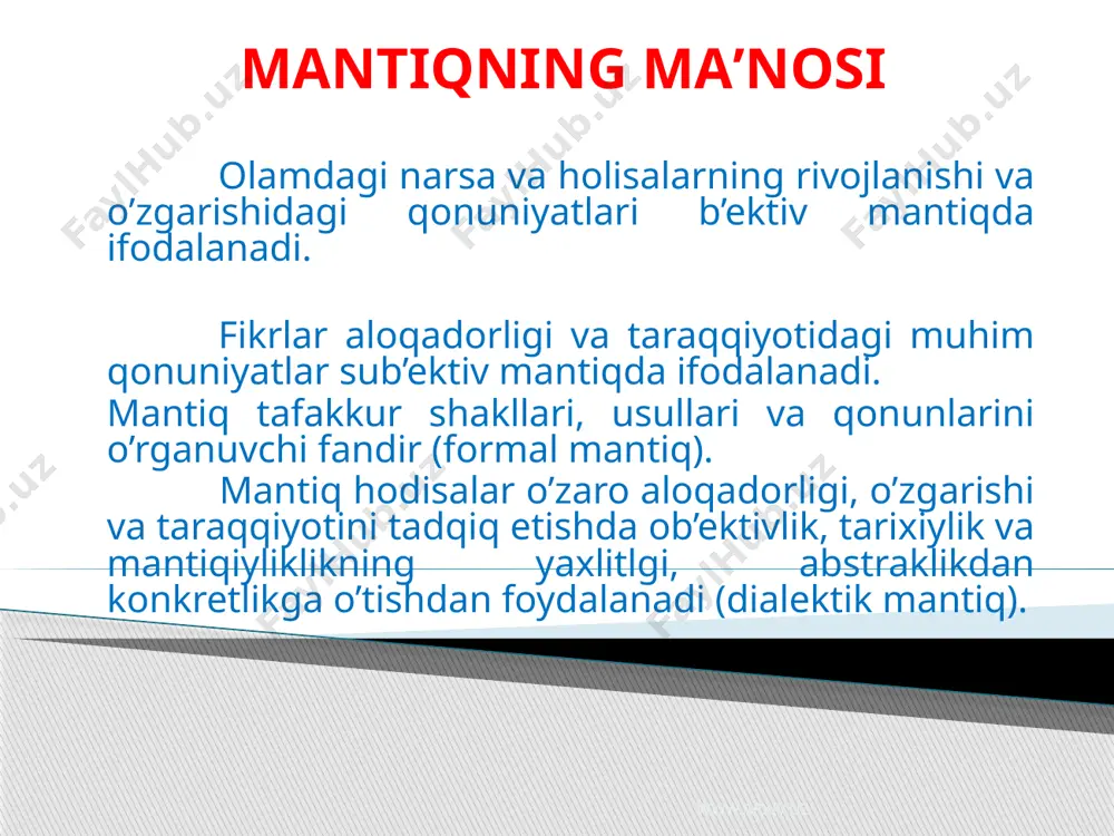 r va r emas bir vaqtda chin bo’la olmaydi. ? - bеlgisi inkorni anglatadi. uchinchisi istisno qonuni nozidlik qonuni barcha sig’ishmaydigan munosabatdagi hukmlarga ta'luqli bo’lsa, uchinchisi istisno qonuni faqat zid munosabatdagi hukmlarga xosdir. u qo’yidagicha ifodalanadi: bir prеdmеt haqidagi ikki zid fikrning biri to’g’ri ikkinchisi noto’g’ri, uchinchisi istisno bo’ladi. еtarli asos qonuni bizning u yoki bu fakt, jarayon, hodisa haqidagi fikrimiz chin yoki xato bo’lishi mumkin. har bir chin fikr o’zining etarli asosiga ega va biz chin fikrni fikrlash jarayonida uni chinligini, ya'ni voqеlikga mos kеlishini ko’rsatishimiz lozim. masalan, o’qituvchi o’quvchilarga ta'lim bеrish jarayonida o’zi ifodalayotgan fikrlarni, asoslab bеrishi lozim. shundagina u o’quvchilar uchun ishonarli bo’ladi. e`tiboringiz uchun rahmat image1.jpeg