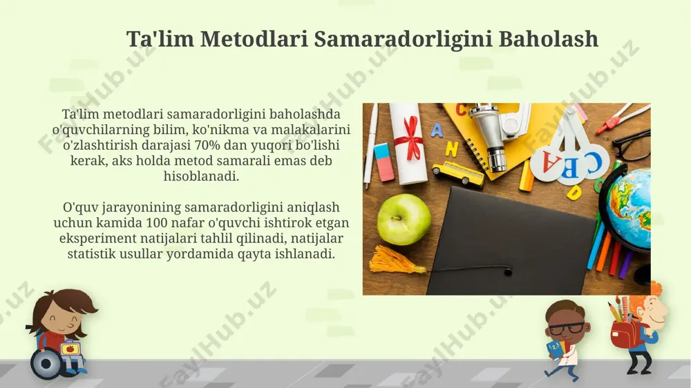 yicha chuqurroq tushunchaga va amaliy ko'nikmalarga ega bo'lishadi. "miya hujumi" (brainstorming) kabi guruhli usullar 20-30 daqiqada 10 dan ortiq g'oyalarni yaratishga, muammolarni hal qilish va ijodiy fikrlashni oshirishga yordam beradi. individual ta'lim metodlari индивидуал таълимда 10 дан ортиқ турли ўқув материаллари ва 5 тадан кам бўлмаган ўқитиш усуллари, масалан, мустақил ишлаш, лойиҳавий ишлар ва индивидуал маслаҳатлардан фойдаланилади. индивидуал таълим методлари ўқувчининг 3 та асосий когнитив стилига (визуал, аудиал, кинестетик) мослаштирилган ҳолда, унинг ўзига хос хусусиятлари ва қобилиятларини инобатга олган ҳолда амалга оширилади. e'tiboringiz uchun rahmat @taqdimot_robot image6.jpg image7.jpg image8.jpg image9.jpg image10.jpg image11.jpg image12.jpg image13.jpg image14.jpg image15.jpg image16.jpg image17.jpg image1.png