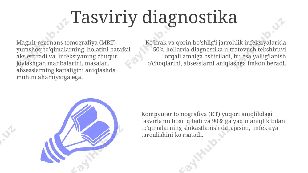 va shoshilinch tibbiy yordamni talab qiladi. drenajlash ko'krak va qorin bo'shlig'idagi infektsiyalarda drenajlashning samaradorligi 70-80% ni tashkil etadi, ammo bu ko'rsatkich infektsiyaning og'irligiga va bemorning umumiy ahvoliga bog'liq. drenajlash jarayonida 2-5 sm diametrli drenaj naychalaridan foydalaniladi va bu naychalarni o'rnatish chuqurligi, infektsiyaning joylashuviga va miqdoriga qarab belgilanadi. drenajlash davomida chiqayotgan suyuqlikning miqdori va xususiyatlari (rang, hid, yiring borligi) muntazam ravishda monitoring qilinadi, bu esa davolanish samaradorligini baholashga yordam beradi. asoratlar ko'krak va qorin bo'shlig'idagi infektsiyalarning asoratlari o'pka emboliyasi xavfini 2-3 barobar oshiradi. asoratlarning 30% dan ortig'i operatsiyadan keyingi 5 kun ichida yuzaga chiqadi, buning 15%i yallig'lanish jarayonlari bilan bog'liq. yosh va immuniteti past bemorlarda asoratlar rivojlanish xavfi 70% gacha yuqori bo'lishi mumkin, bu antibiotiklarni oqilona tanlash va qo'llashni talab qiladi. laboratoriya tekshiruvlari qon madaniyati va yaradan olingan namuna bakteriologik tekshiruvdan o'tkazilib, patogen mikroorganizmlarni aniqlash va ularga nisbatan sezgirlikni aniqlash imkonini beradi, bu esa maqsadli antibiotik terapiyasi uchun muhimdir. qon tahlillari …