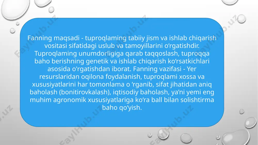 viy bog'langan. respublika bo'yicha eng yuqori o 'rganilgan hudud sharoitida barcha diagnostik belgilardan korrelyatsion-regressiv analiz natijalariga ko'ra quyidagi mezonlar tanlangan: 1) gumusli qatlamning qalinligi, 2) haydalma qatlamdagi gumus miqdori va 3) mexanik tarkibi. bonitirovka shkalasida 100 ballga: 1) gumus qatlamining qalinligi—60 sm, 2) haydalma qatlamdagi gumusning m iqdori-10% , 3) mexanik tarkib-45% (fizik loy). korrelatsiya koeffitsiyenti tegishlicha rq0,78; rq0,97 va rq0,60 ni tashkil etgan. turkmanistonning kopetdog1 tekisligi och tusli bo'z tuproqlarida bonitirovka o'tkazishda a.amanov (1979) solishtirish uchun zonaning sho'rlanmagan, o‘rta qumoqli och tusli bo‘z tuproqlami olgan. bu tuproqlar boshqa tuproqlarga nisbatan gumusga boy, suv-fizik xossalari yaxshi, ozuqa elementlari bilan o'rtacha ta’minlangan. olingan natijalarga ko'ra tuproqlar 22 dan 50 ballgacha baholangan. tuproq bonitirovkasining kameral-analitik bosqichi oxirgi bosqichda tugallangan bonitirovka shkalalarini tuzish, tuproqlar uchun diagnostik, morfogenetik, agroximik, agrofizik belgilami aniqlash, ekspeditsiya davridagi to'plangan ma’lumotlami ko'rib chiqish va shu kabi juda ko'p vazifalar bajarilishi kerak. bonitirovka shkalalarini tuzishda eng avvalo asosiy tamoyillami topish …