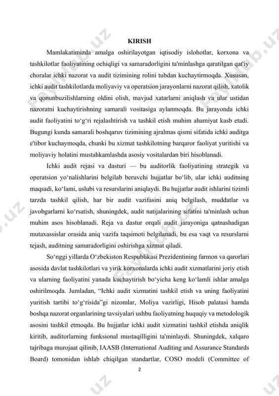 ja va dastur orqali audit jarayoniga qatnashadigan mutaxassislar orasida aniq vazifa taqsimoti belgilanadi, bu esa vaqt va resurslarni tejash, auditning samaradorligini oshirishga xizmat qiladi. so‘nggi yillarda o‘zbekiston respublikasi prezidentining farmon va qarorlari asosida davlat tashkilotlari va yirik korxonalarda ichki audit xizmatlarini joriy etish va ularning faoliyatini yanada kuchaytirish bo‘yicha keng ko‘lamli ishlar amalga oshirilmoqda. jumladan, “ichki audit xizmatini tashkil etish va uning faoliyatini yuritish tartibi to‘g‘risida”gi nizomlar, moliya vazirligi, hisob palatasi hamda boshqa nazorat organlarining tavsiyalari ushbu faoliyatning huquqiy va metodologik asosini tashkil etmoqda. bu hujjatlar ichki audit xizmatini tashkil etishda aniqlik kiritib, auditorlarning funksional mustaqilligini ta'minlaydi. shuningdek, xalqaro tajribaga murojaat qilinib, iaasb (international auditing and assurance standards board) tomonidan ishlab chiqilgan standartlar, coso modeli (committee of sponsoring organizations of the treadway commission), iia (institute of internal auditors) tomonidan tavsiya etilgan prinsiplar ichki audit rejasini tuzishda asosiy yo‘riqnoma bo‘lib xizmat qilmoqda. ichki auditning samaradorligi, avvalo, uning to‘g‘ri va asosli rejalashtirilishiga …