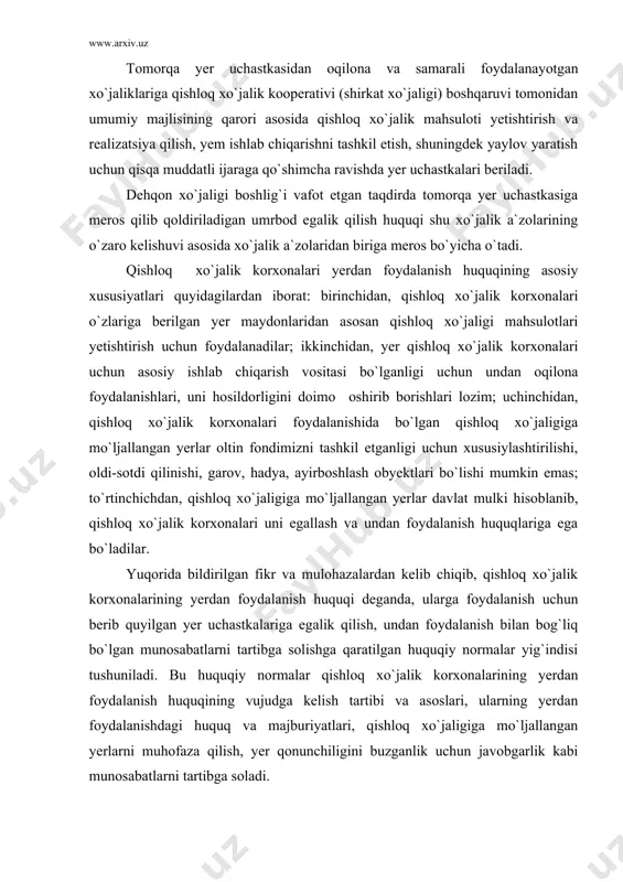 shlari lozim; uchinchidan, qishloq xo`jalik korxonalari foydalanishida bo`lgan qishloq xo`jaligiga mo`ljallangan yerlar oltin fondimizni tashkil etganligi uchun xususiylashtirilishi, oldi-sotdi qilinishi, garov, hadya, ayirboshlash obyektlari bo`lishi mumkin emas; to`rtinchichdan, qishloq xo`jaligiga mo`ljallangan yerlar davlat mulki hisoblanib, qishloq xo`jalik korxonalari uni egallash va undan foydalanish huquqlariga ega bo`ladilar. yuqorida bildirilgan fikr va mulohazalardan kelib chiqib, qishloq xo`jalik korxonalarining yerdan foydalanish huquqi deganda, ularga foydalanish uchun berib quyilgan yer uchastkalariga egalik qilish, undan foydalanish bilan bog`liq bo`lgan munosabatlarni tartibga solishga qaratilgan huquqiy normalar yig`indisi tushuniladi. bu huquqiy normalar qishloq xo`jalik korxonalarining yerdan foydalanish huquqining vujudga kelish tartibi va asoslari, ularning yerdan foydalanishdagi huquq va majburiyatlari, qishloq xo`jaligiga mo`ljallangan yerlarni muhofaza qilish, yer qonunchiligini buzganlik uchun javobgarlik kabi munosabatlarni tartibga soladi. 2. qishloq xo`jalik korxonalari yerdan foydalanish huquqi subyektlari va obyektlari. qishloq xo`jalik korxonalari yerdan foydalanish huquqi subyektlari deganda qishloq xo`jalik mahsulotlari yetishtirish uchun qishloq xo`jaligiga mo`ljallangan yerlardan foydalanuvchi ishlab chiqarish tuzilmalari tushuniladi. bu …