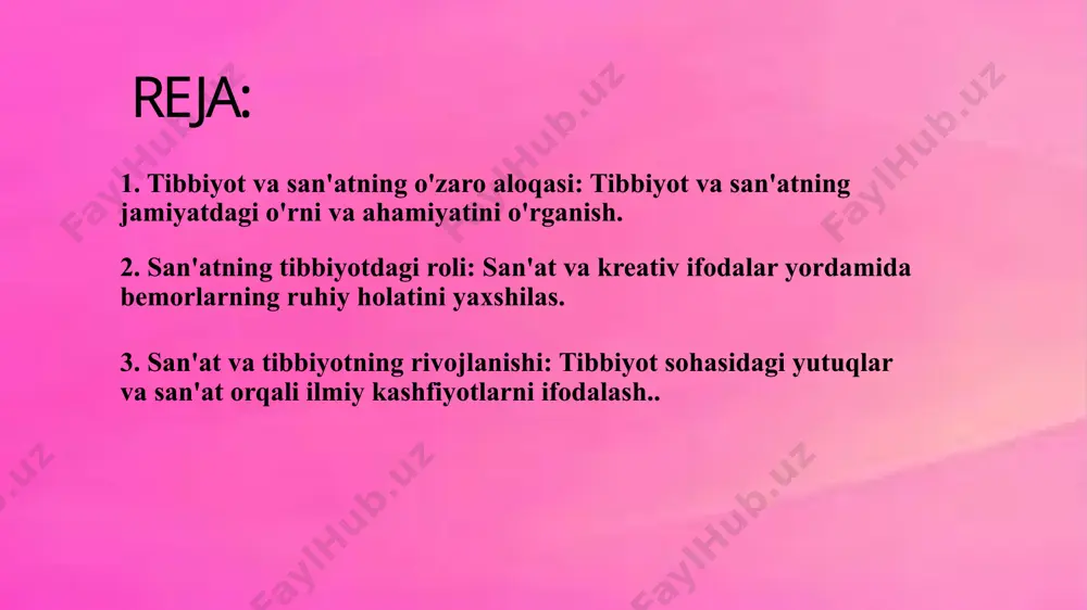 li: san'at va kreativ ifodalar yordamida bemorlarning ruhiy holatini yaxshilas. san’at tibbiyotda nafaqat estetik vosita, balki davolash usuli sifatida ham keng qo‘llanilmoqda. musiqa terapiyasi, rassomlik, haykaltaroshlik, raqs yoki drama orqali bemorlar o‘z his-tuyg‘ularini ifoda etib, ichki bosimdan xalos bo‘ladilar. bu ayniqsa, stress, depressiya, ruhiy tushkunlik yoki surunkali kasalliklardan aziyat chekayotgan bemorlar uchun muhimdir. shuningdek, bolalar va keksalar orasida o‘tkaziladigan art-terapiya mashg‘ulotlari ularning ruhiy holatini ko‘tarib, ijtimoiy moslashuvini osonlashtiradi. san’atning tibbiyotdagi roli inson ruhiyatiga ta’sir etuvchi kuchli vosita sifatida tobora ortib bormoqda. bemorlar kasallik davrida nafaqat jismoniy, balki ruhiy tushkunlikka ham duch keladilar. bunday paytda musiqani tinglash, surat chizish yoki ijodiy mashg‘ulotlarda ishtirok etish ularning ruhiy barqarorligini saqlashda katta yordam beradi. shifoxonalarda yaratilgan estetik muhit, bezakli devorlar, tinchlantiruvchi musiqalar ham bemorning ichki holatini yengillashtiradi. masalan, xronik kasallikka chalingan bemorlar uchun rasm chizish yoki qo‘l mehnatiga oid ijodiy mashg‘ulotlar dardni vaqtincha unutishga va hayotga umid bilan qarashga yordam beradi. shu bois, ko‘plab …