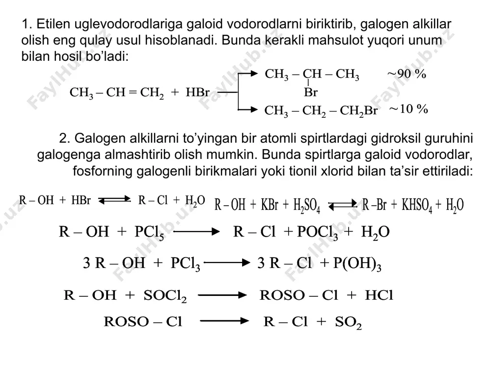 deb yuritiladi. 3. galogen alkillarning sianid kislota tuzlari bilan o’zaro ta’siri natijasida nitril va izonitrillar hosil bo’ladi. nitril va izonitrillar aminobirikmalar, kislota amidlari va kislotalar olishda xom ashyo bo’lganligi sababli jarayon katta ahamiyat kasb etadi: 4. galogen alkillarni kumush nitriti bilan qo’shib qizdirilganda nitrobirikmalar va nitrit kislota efirlari hosil bo’ladi. masala va mashqlar 1- mashq. alkilxloridga kaliy gidroksidning spirtli eritmasi ta’sir ettirilishidan olingan maxsulot avval vodorod bromid, so’ngra natriy metalli bilan ta’sirlashganda danday moddalar hosil bo’ladi. 1) 1-xlorbutan 2) 2-xlorbutan 3) 2-metil-1-xlorpropan 4) 2-metil-2-xlorpropan 1) ch3-ch2-ch2-ch2cl +koh(sp) → ch3-ch2-ch=ch2 + hbr → ch3-ch2-ch(br)-ch3 1-xlorbutan -kcl; -h2o buten-1 2-brombutan ch3-ch2-ch(br)-ch3 + 2na → ch3-ch2-ch(ch3)- ch(ch3)-ch2-ch3 -2nabr 3,4-dimetilgeksan 2) ch3-ch2-ch(cl)–ch3 +koh(sp) → ch3-ch=ch-ch3+ hbr → ch3-ch2-ch(br)-ch3 2-xlorbutan -kcl; -h2o buten-2 2-brombutan ch3-ch2-ch(br)-ch3 + 2na → ch3-ch2-ch(ch3)- ch(ch3)-ch2-ch3 -2nabr 3,4-dimetilgeksan 3) ch3-c(ch3) –ch2(cl) +koh(sp) → ch3-c(ch3)=ch2+ hbr → ch3-(br)c(ch3)-ch3 2-metil-1-xlorpropan -kcl; -h2o 2-metipropen 2-brom-2-metilpropan ch3-(br)c(ch3)-ch3 + 2na → ch3-c(ch3)2- c(ch3)2-ch3 -2nabr 2,2,3,3-tetrametilbutan 4) …