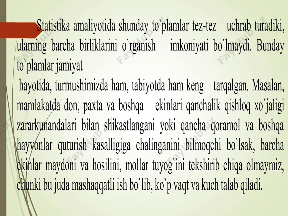 ing qo‘llanilishi mavzusida tayyorlangan taqdimot reja: 1 tanlanma kuzatish haqida umumiy tushuncha tanlanmaning reprezentativligi va uni ta`minlaydigan tanlash usullari 2 1. tanlanma kuzatish haqida umumiy tushuncha tanlanma tekshirish – tajriba va hayotimizga asoslangan ishonchga, imon komillikka taya-nadi. tanlanma – o`rganilayotgan to`plamdan saylab olingan birliklar majmuasidir, ular-ning har biri ushbu to`plam-ning tarkibiy unsuri. ma`lumki, bozor iqtisodiyoti xususiy mulkchilikka, ko`p ukladli ho`jalikka tayanadi. bunday sharoitda muhim iqtisodiy hodisa va jarayonlar ustida yoppasiga statistik kuzatish tashkil qilib bo`lmaydi. bunday hollarda tekshiruvchi uchun eng yaxshi yo`l - cheklangan sonli birliklarni shunday olib tekshirishki, natijada umumiy o`rganilayotgan to`plam haqida amaliy jihatdan yetarli darajada to`la va aniq axborotlarni olish imkoni tug`ilsin. tanlama tekshirish nazariyasi bu maqsad uchun xizmat qiladi. tanlanma - bu to`plamdan saylab olingan ma`lum birliklar majmui bo`lib, uning har biri mazkur to`plamning unsuridir. mustasno hol sifatida tanlanma butun to`plamni o`z ichiga olishi mumkin. tanlanma tekshirish umuman quyidagi maqsadlarni ko`zlaydi: 1. vaqt va mablag`ni tejash. …