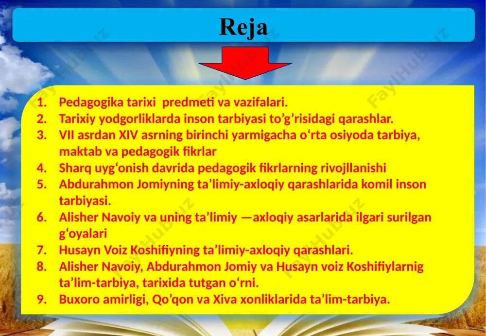obi -«avesto»ning markaziy osiyoga, eronga yoyilishi bilan boshlanadi. vi-viiasrlar markaziy osiyoda islom dinining yoyilishi bilan xarakterlanadi. vii-xii asrlar davomida markaziy osiyoda madaniyat, ilm-fan beqiyos rivojlanib bordi. ayniqsa, aniq fanlarga qiziqish keskin ortdi. o’sha davrda al-xorazmiy, al-kindiy, zakariya ar-roziya, al-beruniy, al-farg’oniy, ibn sino, az-zamaxshariy singari qomusiy olimlar dunyoga keldi. xv-xvi asrlarga kelib turkiy xalqlar qozizoda rumiy, ulug’bek, ali qushchi, haydar xorazmiy, lutfiy, navoiy, bobur, abulg’oziy bahodirxon singari allomalarni voyaga yetkazdi. shunday qilib, o’tmishdagi progressiv pedagoglar va atoqli mutafakkirlarning ta’lim-tarbiyaga oid fikrlarini o’rganish pedagogik tafakkurning o’sishiga, pedagoglik madaniyatining ortishiga imkon berdi. pedagogika tarixi jamiyat taraqqiyoti qonunlariga tayangan holda turli pedagogik nazariyalarni, ta’lim-tarbiyaning mazmun va metodlarini o’rganish haqida bahs yuritadi. o’tmishning pedagogik tizimlaridagi ilg’or va progressiv fikrlarning hammasidan ijodiy foydalanadi. demak, pedagogika tarixi ijtimoiy fandir. u tarixiy pedagogik hodisalarga davr talabi asosida yondashadi, tarbiya nazariyasi va amaliyotini turli bosqichlarda xilma-xil bo’lganligini ochib beradi, ilg’or qarashlarning taraqqiyot yo’lini ko’rsatib beradi. pedagogika tarixini o’rganish o’qituvchilarning …