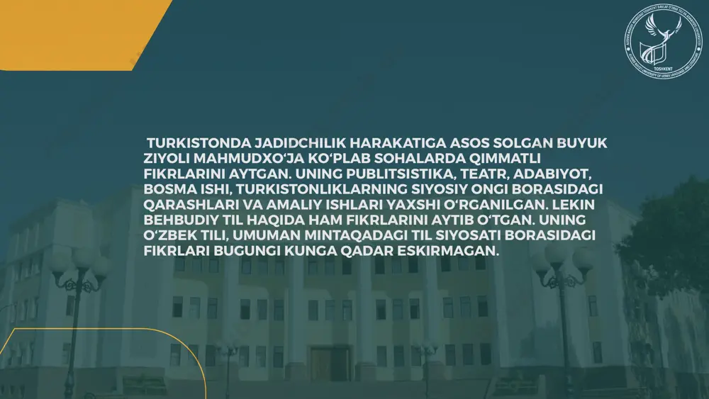 behbudiy fikrlarini quyidagi argumentlar bilan isbotlashga harakat qildi: 1. turkistondagi aksariyat shahar aholisi turkiy va forsiyda bemalol muloqot qiladi; 2.ba’zi hududlarda bu ikki tilning qorishiq shakli ishlatiladi; 3.rasmiy idoralarga arizalar turkiyda yoziladi; 4.shar’iy fatvolar forsiyda yozilib, turkiyda qayd qilinadi va bu usulga butun turkistonda amal qilinadi begali qosimov begali qosimov imperiya musulmonlari, xususan, turkiston o‘lkasining taraqqiy etgan millatlar qatoriga qo‘shilishi va oxir-oqibat mustaqillikka erishishi yo‘lidagi kurashda behbudiyni gasprinskiy bilan bir maslakda bo‘lganini ta’kidlaydi. bu maslak gasprinskiy taklif etgan “murosa yo‘li” bo‘lib, ruslarning hamda ularning madaniyati yutuqlari yordamida ma’rifatga erishish, eng asosiysi, bu yo‘lda milliy xususiyatlarni yo‘qotmaslikni talab etadi. behbudiyning rus tilini o‘rganish va rus madaniyatidan istifoda etish borasidagi fikrlarini uning ko‘plab maqolalarida uchratish mumkin. behbudiy haqida back to agenda 05 behbudiyning adabiy til borasidagi qarashlari uning 1915-yili yozgan “til masalasi” nomli maqolasida aks etgan. ushbu maqola ikki qismdan iborat bo‘lib, birinchi qismda behbudiy turkiy tilning shevalari xususida fikr yuritadi. unga …