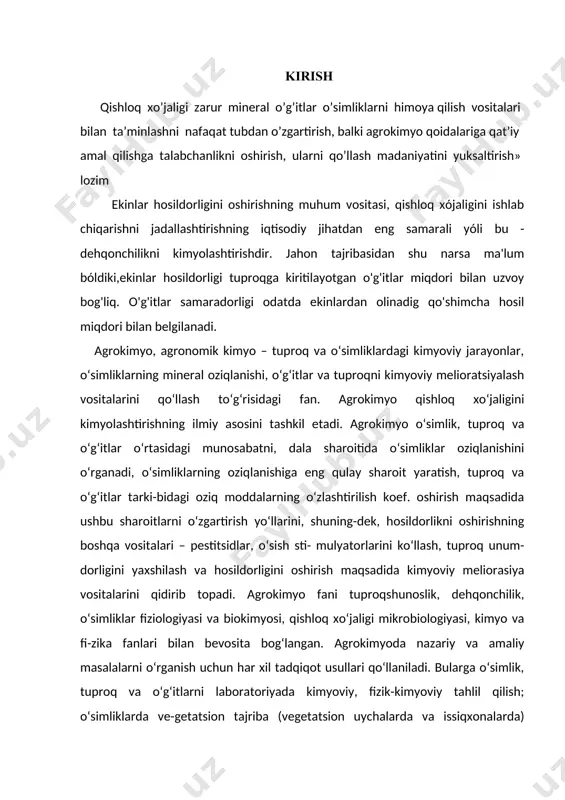 ning ilmiy asosini tashkil etadi. agrokimyo o‘simlik, tuproq va o‘g‘itlar o‘rtasidagi munosabatni, dala sharoitida o‘simliklar oziqlanishini o‘rganadi, o‘simliklarning oziqlanishiga eng qulay sharoit yaratish, tuproq va o‘g‘itlar tarki-bidagi oziq moddalarning o‘zlashtirilish koef. oshirish maqsadida ushbu sharoitlarni o‘zgartirish yo‘llarini, shuning-dek, hosildorlikni oshirishning boshqa vositalari – pestitsidlar, o‘sish sti- mulyatorlarini ko‘llash, tuproq unum-dorligini yaxshilash va hosildorligini oshirish maqsadida kimyoviy meliorasiya vositalarini qidirib topadi. agrokimyo fani tuproqshunoslik, dehqonchilik, o‘simliklar fiziologiyasi va biokimyosi, qishloq xoʻjaligi mikrobiologiyasi, kimyo va fi-zika fanlari bilan bevosita bog‘langan. agrokimyoda nazariy va amaliy masalalarni o‘rganish uchun har xil tadqiqot usullari qo‘llaniladi. bularga o‘simlik, tuproq va o‘g‘itlarni laboratoriyada kimyoviy, fizik-kimyoviy tahlil qilish; o‘simliklarda ve-getatsion tajriba (vegetatsion uychalarda va issiqxonalarda) o‘tkazish; har xil tuproq-iqlim sharoitlarida o‘g‘itlar bilan dala tajribalari (o‘g‘itlarning geogra-fik mintaqalardagi tajribalari) olib borish; xo‘jaliklarda ishlab chiqarish tajribalari o‘tkazib olingan natijalarga iqtisodiy baho berish ishlari kiradi. agrokimyoda o‘simlik asosiy tadqiqot ob’ekti hisoblanadi. o‘simliklar oziqlanishini o‘rganish va o‘g‘itlar vositasida uni izga solish usullarini …