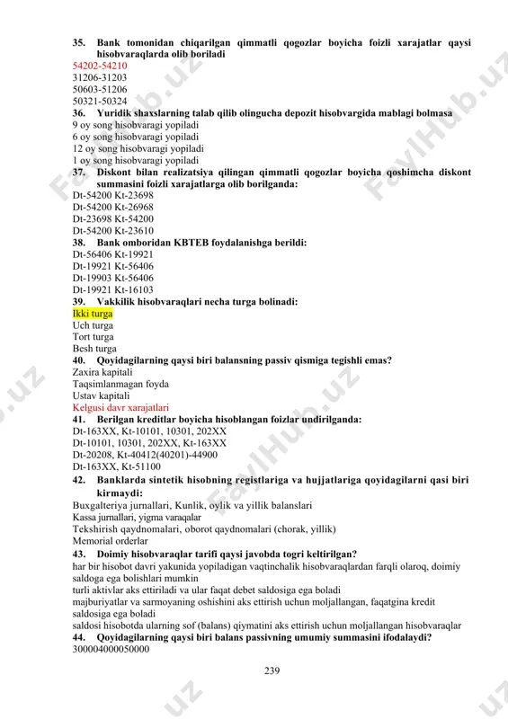 i aks ettirish uchun mo�ljallangan, faqatgina kredit saldosiga ega bo�ladi saldosi hisobotda ularning sof (balans) qiymatini aks ettirish uchun mo�ljallangan hisobvaraqlar 44. qo�yidagilarning qaysi biri balans passivning umumiy summasini ifodalaydi? 300004000050000 200003000040000 300004000050000 100003000050000 45. berilgan kredit bo�yicha foizlar hisoblanganda: dt-163xx, kt-40412(40201)-44900 dt-40412(40201)-44900, kt-163xx dt-20208, kt-40412(40201)-44900 dt-163xx, kt-51100 46. 16103 hisobvaraqning qoldig�i, qasi hisobvaraqning qoldig�i bilan tengashtiriladi: 10301 22204 21302 27416 47. 22602 hisobvarq kimning bankida ochiladi: xaridorning bankida mahsulot yetkazib beriuvchining bankida xaridor va mahsulot yetkazi beruvchining bankida initsiator bankda 48. akkreditivlarni ochish to�g�risida ariza bank emitentga taqdim qilinganda akkreditiv summasi qaysi hisobvarag�iga kirim qilinadi: dt-90951, kt-96309 dt-96309, kt-90951 dt-96321, kt-90923 dt-22060, kt-16103 49. bankning taqsimlanmagan foydasi hisobidan zaxira fondi tashkil qilindi: dt-30318 kt-30318 dt-30603 kt-30321 dt-31203 kt-30903 dt-30903 kt-31203 50. quyidagi hisobvaraqlardan qasi biri passiv hisobvaraqlar hisoblanadi? 30000, 40000, 50000 10000, 20000, 30000 10000, 50000 40000 20000, 30000, 40000 51. o�z resp �markaziy bank to�g�risidagi qonun� qachon qabul …