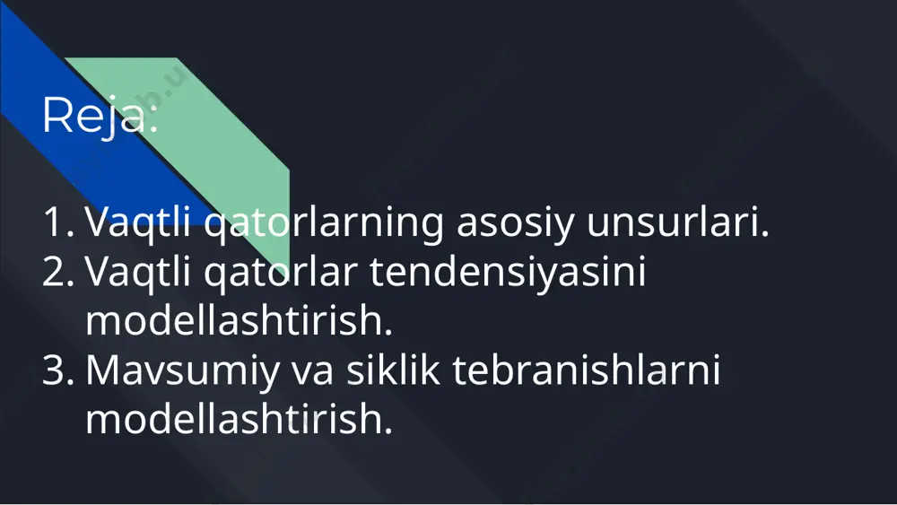 atorlar keltirilgan. ayrim vaqtli qatorlar hech qanday tendentsiyaga va davriy komponentalarga ega bo’lmaydi, ularning har bir keyingi darajasi qatorning o’rtacha darajalari yig’indisi va ayrim (manfiy yoki musbat) tasodifiy komponentalardan tashkil topadi. quyidagi rasmda faqat tasodifiy komponentalarga ega bo’lgan qator keltirilgan. albatta, yuqoridakeltirilgan modellarning hech biridan to’lig’icha haqiqiy ma’lumotlar kelib chiqmaydi. asosan, modellar uchchala komponentalarni o’z ichiga oladi. qatorning har bir darajasi tendentsiya, davriy tebranishlar va tasodifiy komponentalar ta’sirida shakllanadi. ko’p holatlarda vaqtli qatorlarning haqiqiy darajasini trend, tsiklik va tasodifiy komponentalarning yig’indisi yoki ko’paytmasi shaklida tasavvur qilish mumkin. uchchala komponentalarning yig’indisidan tuzilgan model vaqtli qatorning additiv modeli deyiladi. chala komponentalarning ko’paytmasidan tuzilgan model vaqtli qatorning multiplikativ modeli deyiladi. vaqtli qatorlar tendensiyasini modellashtirish vaqtli qatorlar tendentsiyasini modellashtirishning keng tarqalgan usullaridan biri qator darajalarini vaqtga bog’liqligini yoki trendni tavsiflovchi analitik funktsiyalarni tuzishdan iborat. bu usul vaqtli qatorlarni analitik tekslash deb ataladi. vaqt bo’yicha bog’lanishlar turli shakllarda bo’lishi mumkin, ularni aniq bir shaklga keltirish …