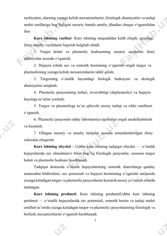 ga keladi. o‘simlik hujayrasi odatda atrofdagi eritmalarga nisbatan gipoosmotik bo‘ladi, ya’ni uning ichida erigan moddalarning kontsentratsiyasi tashqi muhitdagidan yuqori. natijada suv osmoz yo‘li bilan tashqi muhitdan hujayra ichiga kiradi va vakuola hajmi oshadi. bu kengayish hujayra devoriga bosim hosil qiladi — bu bosim turgor deb ataladi.turgorning biologik mohiyati turgor o‘simlik organizmlarining turli hayotiy funksiyalarida muhim o‘rin tutadi. struktura barqarorligi: turgor o‘simlik to‘qimalarining tik turishini ta’minlaydi. ayniqsa, poyalar, barglar va gullar shaklini saqlab turadi.o‘sish jarayoni: hujayra bo‘linishidan keyin hujayralar turgor bosimi orqali kengayadi. bu o‘sish jarayonining asosiy tarkibiy qismidir.stoma faoliyati: bargdagi stoma ochilishi va yopilishi turgor holatiga bog‘liq. bu esa gaz almashinuvi va transpiratsiyani nazorat qiladi. suv muvozanati: turgor suvning hujayrada qanday ushlanishi va saqlanishida muhim rol o‘ynaydi. u suv yo‘qotilishi boshlanganini (so‘lish) signal sifatida bildiradi.meva va urug‘larning pishishi: mevalar turgor tufayli to‘liq shakllanadi va to‘qimalarning elastikligi saqlanadi.turgorga ta’sir qiluvchi omillar turgor bosimi quyidagi omillar ta’sirida ortadi yoki kamayadi: tashqi muhitdagi …