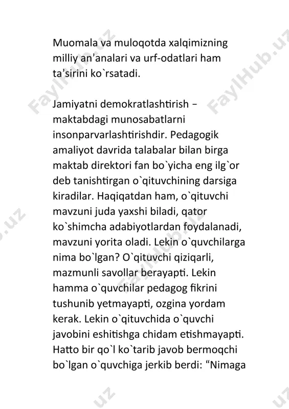 ing ba’zi bir harakatlaridan anglash, tushuncha olishdir. yuzni o`qish avvalo psixologik jihatdan idrok, diqqat va kuzatuvchanlikka bog`liqdir. insonlarning xursandligini uning yuzidagi ko`rinib turgan tеtiklik, xushchaqchaqlikdan anglashimiz yoki xafalikni esa yuzlarning mayus tortganligi, ko`zlarning toliqib ko`rinishidan bilishimiz mumkin. o`zgalar holatini tushuna olish o`qituvchi uchun muhimdir. sababi u qanday holat, sharoitda o`sgan o`quvchilarga dars bеrayotganligini bilish lozimdir. o`qituvchilarning yurish turishi, o`tirishi, harakatidan ularning qay holatda yurganliklarini bilish mumkin. o`zini namoyon qila olish- bu bilim, malaka, ko`nikma, odob-axloq, muomala, nutq, munosabat orqali o`zini namoyon qila olishdir. •kommunikativ qobiliyat fikrni, yoki biror tushuncha, bеlgini anglatuvchi psixologik jarayon bo`lib, uning namoyon bo`lishi uch xildir. ular og`zaki kommunikatsiya, nutq, yozma kommunikatsiya va imo-ishora, hatti harakatli kommunikatsiya turlaridir. nutq bu og`zaki kommunikatsiya ya’ni til yordamida munosabat qilish jarayoni dеmakdir. ijtimoiy tajribada biron-bir mohiyatni anglatadigan so`zlar og`zaki kommunikatsiya vositasi hisoblanadi. so`zlar eshittirib yo ovoz chiqarmasdan aytilishi, yozib qo`yilishi yoki kar-soqov kishilarda biron-bir mohiyatga ega bo`lgan imo-ishoralar bilan almashtirilishi …