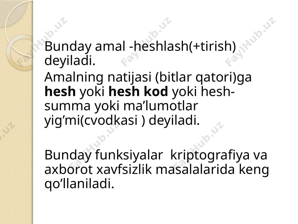 qa yo‘q, degan xatolik to‘g‘risida ma’lumot beradi. hi(a) funksiyani hisoblashning eng oddiy metodi, uni hi(a)=(h(a)+pi)modnm asosida qurishdir, bu erda pi qandaydir bir hisoblangan butun son, nm –identifikatorlar jadvalidagi elementlarning maksimal soni. o‘z o‘rnida eng oddiy usul pi ni o‘rniga i ni qo‘yish bo‘ladi. unda quyidagi formulani olamiz hi(a)=(h(a)+i)modnm. bu holda xesh-funksiyaning bir xil qiymatlariga mos kelgan identifikatorlarni joylash uchun bo‘sh yacheykani qidirish mantiqan xesh-funksiya h(a) ko‘rsatgan joydan boshlanadi. nazorat savollari kalitlarni almashtirish nima? akslantirish funksiyasi vazifasi nimadan iborat? qanday holatlarda ziddiyat yuzaga keladi? ziddiyatni hal qilishning qanday usullarini bilasiz? image2.emf microsoft_powerpoint_presentation.pptx image3.emf image4.png image5.png image6.png 4-mavzu. ma’lumotlarnixeshlashalgoritmlari. xeshjadvalvaxeshfunksiyalar. ziddiyatlarnihalqilishusullariheshso’ziingliztilidagihash so’zidanolinganbo’lib, chalkash( putanisa) yokiaralashma(meshanina) ma’nosinianglatadi. /docprops/thumbnail.jpeg калитларни акслантириш (жойлаштириш) 4-mavzu. ma’lumotlarni xeshlash algoritmlari. xesh jadval va xesh funksiyalar . ziddiyatlarni hal qilish usullari hesh so’zi ingliz tilidagi hash so’zidan olingan bo’lib, chalkash ( putanisa) yoki aralashma (meshanina) ma’nosini anglatadi. reja xeshlash(tirish) tushunchasi hesh-funksiya va uning hossalari ziddiyatlarning yuzaga kelishi kolloziya holatini …