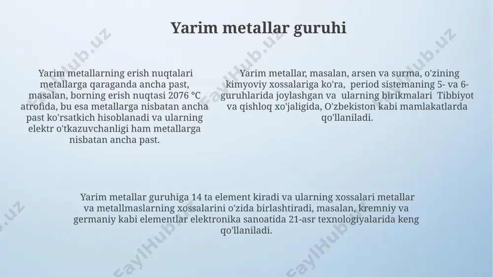 uqori erish va qaynash haroratlaridan keskin farq qiladi. noble gazlar guruhi olij nodir gazlar guruhiga 18-guruhiga mansub 6 ta element kiradi: geliy, neon, argon, kripton, ksenon va radon. ularning atom tuzilishi tashqi elektron qobig'ining to'liq to'lganligi bilan ajralib turadi, bu esa ularning juda past reaktivligini tushuntiradi. nodir gazlarning qaynash va erish haroratlari juda past bo'lib, masalan, geliyning qaynash harorati -268.93°c atrofida. bu xususiyatlar ularni kriogenika va boshqa past haroratli texnologiyalarda ishlatish imkonini beradi. ushbu gazlarning ko'pchiligi yer atmosferasida juda kam miqdorda, masalan, argon taxminan 0,93% ni tashkil etadi, topiladi. ular sanoatda, masalan, argon payvandlashda va kripton yorug'lik lampalarida qo'llaniladi. e'tiboringiz uchun rahmat @taqdimot_robot image4.png image3.jpeg