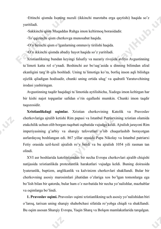 xiya, quddus, rus, gruziya, serb, rumin, bolgar, kipr, ellada, albaniya, polsha, chexoslovakiya, amerika cherkovlari shakllangan. pravoslav oqimida sirli rasm-rusumlar muhim o’rin egallaydi. cherkov ta`limotiga ko’ra, bunday paytlarda xudo tomonidan dindorlarga alohida savoblar nozil bo’ladi. cho’qintirish - sirli hodisasi. bunda dindor o’z tanasini uch marta suvga botirishi xudo-otani, o’g’ilni va muqaddas ruhni chaqirish bilan ruhiy tug’ilishni kasb etadi. badanga eleyni surkash ham sirli bo’lib, bunda dindorga muqaddas ruhning ruhiy hayotga qaytaruvchi va chiniqtiruvchi ehsonlari ulashiladi. poklanishning sirliligi. unda dindor non va vino ko’rinishida o’z badanida iso qonini abadiy hayotga tayyorlaydi. nadomatning sirliligi shundaki, dindor o’z gunohlarini din peshvosi oldida tan oladi, din peshvosi esa uning gunohlarini iso nomidan kechiradi. ruhoniylikning sirliligi u yoki bu shaxsni ruhoniy darajasiga ko’tarish uchun episkopning qo’lini o’sha shaxs badaniga tegizishi (yoki qo’yishi) orqali amalga oshiriladi. badanni eley bilan ishqalash sirida xudoning ruhiy va jismoniy zaifliklarni tuzatuvchi lutfu marhamatidan umid qilinadi. pravoslav cherkovi bayramlar va diniy marosimlarga …