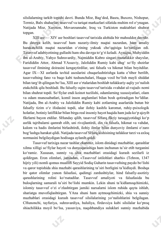 tlarini bajaradilar va savobga o‘zlarini sherik deb biladilar. “mutarassim” so‘zining ma’nosi rasmu rusumga ergashuvchi demak, ammo mutarassimlar darveshlarning odatlariga zohiran taqlid qilsalar-da, botinan hol talabgoridirlar va shu toifaga ixloslari tufayli ilohiy fayzdan bahramanddirlar. avvalo, shuni ta’kidlash kerakki, chin so‘fiy o‘zlikdan hamda foniy dunyodan voz kechgan va haq baqosida o‘zligini qayta topgan zot bo‘lib, suratda bandayu, ma’nida ozod kishidir. surat — tashqi ko‘rinishda banda bo‘lish — jism-tanani iloh toatiga bag‘ishlash bo‘lsa, ma’nida ozodlik – botinni barcha aloqalardan tozalab, ruhni hur va pok saqlash demak. so‘fiyga hech bir narsa va hech bir kishi qaram bo‘lmasligi; uning o‘zi ham hech bir narsaning, hech bir odamning qarami bo‘lmasligi kerak. so‘fiynnng ozodligi deganda, tasavvuf ahli solikning bashariy sifatlardan mutlaq qutulishi va ilohiy faqr sifati bo‘lmish pok ruh ko‘rinishida istig‘no olami — tangri taolo olamining zaruratlari bepoyonligini kullan idrok etishini anglaganlar. so‘fiy yana «sirri sof, aqli etuk, muhabbat ahliga dil bog‘lagan» (koshifiy) bo‘lishi, nafasidan bedardlar qalbi …