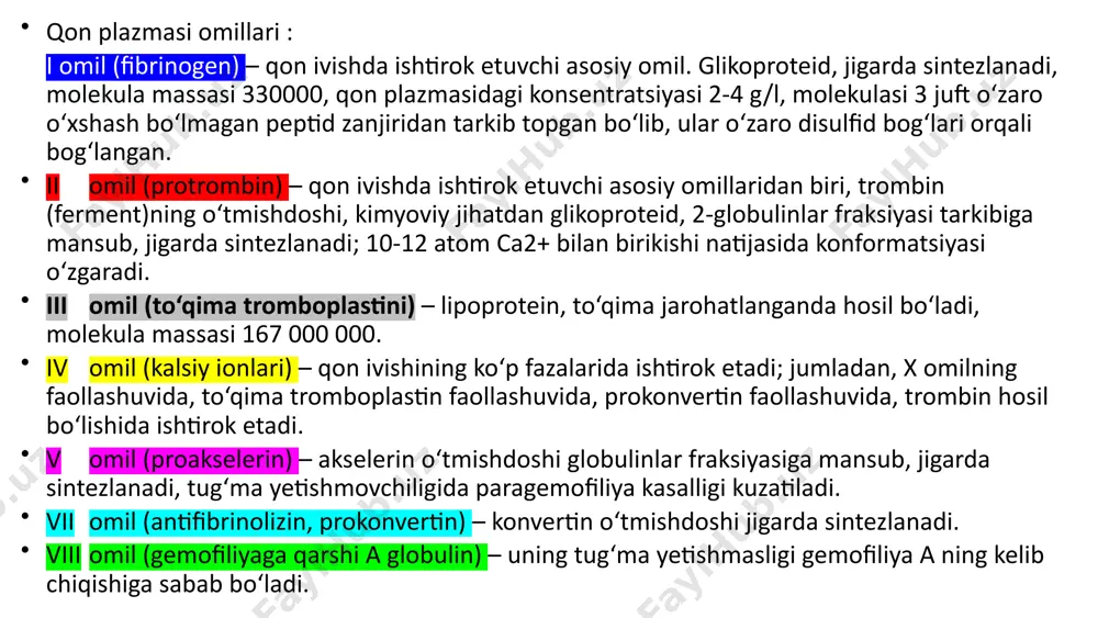 gemofiliya kuzatiladi. gemofiliyada qon ketishni to‘xtatish maqsadida tarkibida viii omil saqlovchi yangi donor qoni yoki viii omil preparatlaridan foydalanilanadi. qon tomirida hosil bo‘lgan tromb, bir necha kun ichida parchalanib ketadi. uning erib ketishida proteolitik ferment plazmin asosiy rolni o‘ynaydi (104-rasm). qonda asosan bu fermentning o‘tmishdoshi – plazminogen bo‘lib, u ko‘pgina to‘qimalarda bo‘ladigan urokinaza yoki kallikrein ta’sirida faollashadi: fibrinoliz qon ivishiga qarshilik qiladigan sistema proteolitik fermentlarni ingibitsiyalab qo‘yadigan bir to‘p plazma oqsillaridan iborat. plazma oqsili – iii-antitrombin qon ivishida ishtirok etadigan hamma proteinazalarni ingibirlab qo‘yadi. geparin iii-antitrombinning ingibitsiyalovchi ta’sirini kuchaytiradi. geparin birikishi ingibitorning trombin va boshqa omillarga yaqinligini kuchaytiradigan konformatsion o‘zgarishiga sabab bo‘ladi. antitrombin iii qon ivishiga qarshi qondagi asosiy omillardan biri. ammo qonda yana proteinazalar ingibitori bo‘lmish omillar mavjud. shulardan biri – g-makroglobulindir. u molekula massasi 720 000 bo‘lgan yirik oqsil bo‘lib to‘rtta protomerdan tarkib topgan. uning tarkibida ko‘pgina proteinazalar uchun substrat bo‘lib xizmat qiladigan peptid qismlari bor. proteinazalar ana …