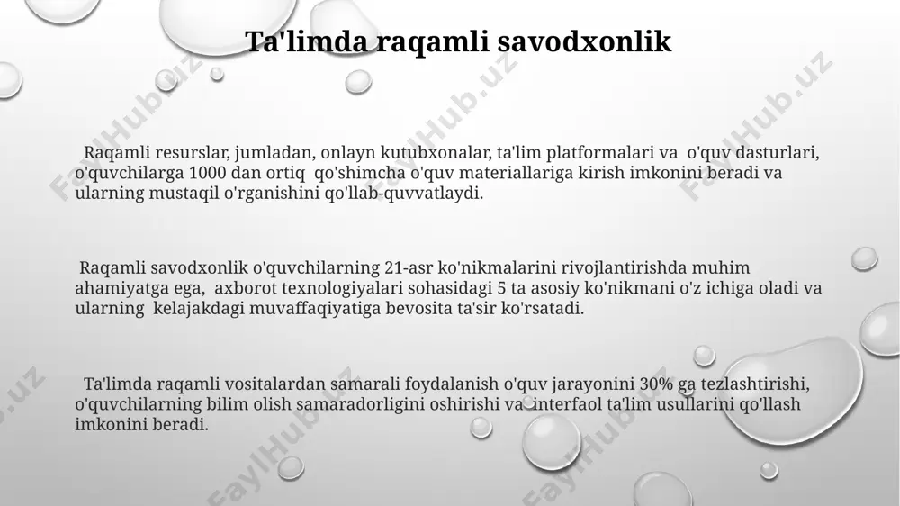 raqamli savodxonlik raqamli texnologiyalarni samarali qo'llash orqali 2030 yilga kelib, milliy daromadning 15% gacha o'sishiga raqamli savodxonlik sezilarli hissa qo'shishi mumkin. bu esa yangi ish o'rinlarini yaratishga olib keladi. kelajakda raqamli savodxonlik 5 yoshdan 65 yoshgacha bo'lgan aholining kamida 80%ini qamrab olishi, iqtisodiy o'sish va raqobatbardoshlikni ta'minlash uchun zarur. raqamli savodxonlikning etishmasligi tufayli yuzaga keladigan kiberxavfsizlik xavflarini kamaytirish va kiberjinoyatchilikning 30% gacha pasayishiga erishish mumkin. ishda raqamli savodxonlik o'rtacha foydalanuvchi kuniga 6 soatdan ortiq vaqtini onlayn muhitda o'tkazadi, shuning uchun xavfsizlik protokollari va shaxsiy ma'lumotlarni himoya qilish bo'yicha raqamli savodxonlik juda muhimdir. raqamli savodxonlik, 21-asr ko'nikmalari orasida eng muhimlaridan biri bo'lib, ishga joylashish imkoniyatlarini 30% ga oshiradi va yillik daromadni o'rtacha 20% ga ko'taradi. raqamli texnologiyalarni samarali qo'llash, 10 dan ortiq turli dasturlar va platformalardan foydalanishni o'z ichiga oladi, bu esa ish unumdorligini sezilarli darajada oshiradi va vaqtni tejaydi. raqamli savodxonlikka oid ko'nikmalar raqamli savodxonlik, 21-asr ko'nikmalarining 85% ini tashkil …