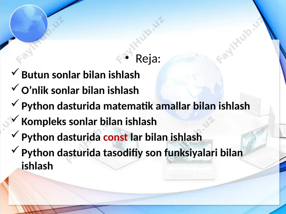 di , bu 14 martga to'g'ri keladi (3/14). uzun sonlarni kiritish uzun sonlarni kiritishda, qulaylik uchun, raqamlarni pastki chiziq (_) yordamida guruhlash mumkin. python - son tarkibidagi pastki chiziqlarni (_) inobatga olmasdan, uzun sonligicha qabul qiladi. masalan: aholi_soni = 7_594_000_000 # o'zmizga qulay bo'lishi uchun shunday yozdik print(aholi_soni) natija: 7594000000 arifmetik amallar avvalgi darsimizda foydalanuvchidan ma'lumot olish uchun input() funktsyasidan foydalanishni o'rgandik. kelin endi shu funktsiya yordamida foydalanuvchidan son olishni ko'raylik. quyidagi kod foydalanuvchining tug'ilgan yilini so'raydi va uning yoshini hisoblab beradi: foydalanuvchining tug'ilgan yilini so'raymiz t_yil = int(input("tug'ilgan yilingizni kiriting: ")) foydalanuvchi yoshini xisoblaymiz yosh = 2020 - t_yil # foydalanuvchi yoshini konsolga chiqaramiz print("siz " + yosh + " yoshda ekansiz") input() funksiyasi va sonlar o'zgaruvchi (variable) ularni amalda sinab ko’rsak yaxshiroq tushunamiz: x = 10 y = 3 print(x + y) print(x - y) print(x * y) print(x / y) print(x % y) print(x ** y) print(x …