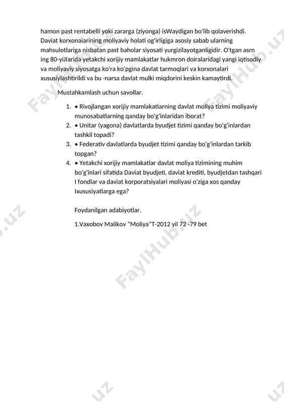 qa yetakchi xorijiy mamlakatlar singari bu yerda ham pensiyaning miqdori o'rtacha ish haqi va to'langan sug'urta badallarning miqdoriga bog'liq. bu yerda davlat pensiya ta'minoti tizimi yetakchi rol o'ynaydi. italiyada pensiya islohoti 1995 yijda o'tkazilgan. unga muvofiq o'zgaruvchan pensiya yoshi joriy etilgan. ispaniyada rasmiy ravishdagi pensiya yoshi 65 yil bo'lsa-da, haqiqatda uning darajasi 63 yilga teng. chunki ispanlarning 70 foizi qonunda ko'zda tutilgan muddatdan oldinroq pensiyaga chiqadi. pensiya ta'minoti xarajatlari yaimga nisbatan ispaniyada - 7,5%, avstriyada - 14,8%, fransiyada - 11 ,8%, gfrda - 10,8%, buyuk britaniyada - 9,5%ni tashkil etadi. davlat korxonalari moliyasi yetakchi xorijiy davlatlar moliya tizimi bo'g'inlaridan biri hisoblanadi. bu korxonalar g'arbiyyevropa mamlakatlarida ikkinchi jahon urushidan so'ng va 1945-1950 yillarda temir yo'l va havo transporti, energetika tarmog'i va boshqa tarmoqlar korxonalarining milliyla<;htirilishi munosabati bilan ancha rivojlana boshladi. o'sha paytlarda bu tarmoqlar texnikaviy jihatdan o'ta qoloq va raqobatga bardoshsiz edi. ularni qayta isloh qilish juda katta miqdordagi mablag'larni talab …