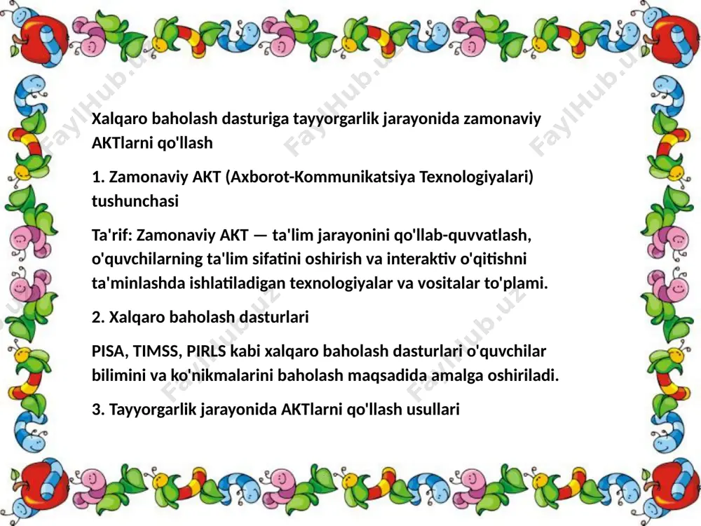 ar bilimini baholash va tahlil qilish uchun onlayn statistik dasturlar (masalan, excel yoki spss). anketalar va so'rovnomalar: o'quvchilarning bilim darajasini aniqlash uchun onlayn so'rovnomalar. 5. maqsadli loyihalar jamiyatga xizmat loyihalari: o'quvchilarni amaliy ko'nikmalar bilan tanishtirish va ijtimoiy mas'uliyatni rivojlantirish. tadqiqot loyihalari: o'quvchilarni muammolarni aniqlash va yechish uchun tadqiqot o'tkazishga undash. 3. tayyorgarlikning natijalari o'qitish samaradorligi: zamonaviy akt yordamida darslar yanada samarali o'tkazilishi, o'quvchilarning qiziqishi oshishi. ko'nikmalarni rivojlantirish: o'quvchilar mustaqil fikrlash va muammoni hal qilish ko'nikmalarini rivojlantirishadi. xalqaro baholashda muvaffaqiyat: o'quvchilar xalqaro baholash dasturlarida yuqori natijalarga erishish imkoniyatiga ega bo'lishadi. 4. xulosa xalqaro baholash dasturiga tayyorgarlik jarayonida zamonaviy aktlarni qo'llash o'quvchilarning ta'lim sifatini oshirish, ijodkorligini rivojlantirish va mustaqil fikrlash qobiliyatini yaxshilashga yordam beradi. bu jarayon ta'lim muassasasining umumiy muvaffaqiyatiga ijobiy ta'sir ko'rsatadi. image1.jpeg image2.jpeg image3.jpeg image4.jpeg image5.jpeg image6.jpeg image7.jpeg image8.jpeg image9.jpeg
