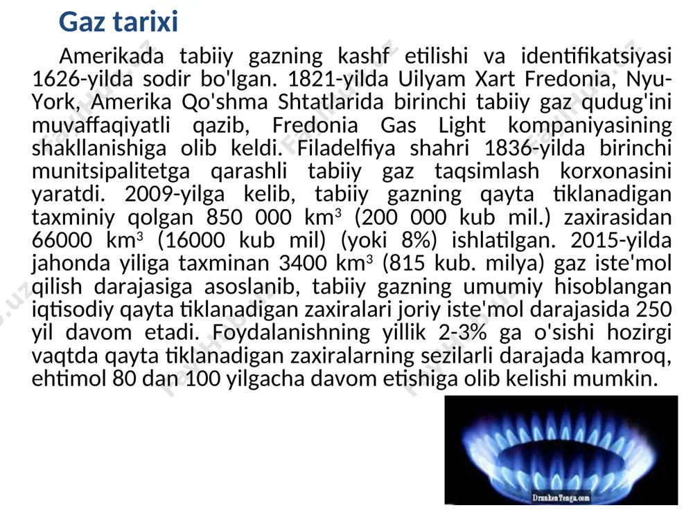 po'lat silindrlarda suyultirilgan gaz sifatida o'z bug‘ bosimi ostida yuboriladi. propan propan ch3-ch2-ch3 - toʻyingan uglevodorod, rangsiz, hidsiz yonuvchi gaz; suyuqlanish temperaturasi — 187.7°c; propan erituvchi sifatida, qurum olishda, metall qirqishda, avtomobillar uchun tutunsiz yonilgʻi, butan bilan aralashmasi maishiy gaz sifatida ishlatiladi. sanoatda propanni katalitik degidrogenlab propilen, nitrolab esa nitrometan olinadi. butan — toʻyingan uglevodorodlar, umumiy formulasi c4h10. mr. 58,123, rangsiz va hidsiz gaz. ikki izomeri maʼlum: normal butan ch3— ch2ch2ch3 va izobutan —ch—ch3. suvda erimaydi, organik erituvchilarda yaxshi eriydi. butan toʻyingan alifatik uglevodorodlardir. ular neftni qayta ishlash vaqtida chiqadigan gazlar tarkibida uchraydi. normal butanni katalizator ishtirokida izomerlab izobutan, degidrogenlab divinil (kauchuk monomeri) va boshqa toʻyinmagan uglevodorodlar olish mumkin. izobutanni alkillab, neogeksan va izooktan olinadi. butan motor yonilgʻilarining yuqori oktanli komponenti, buten, sirka kislota, malein angidrid olishda xom ashyo, uning propan va boshqa uglevodorodlar bilan aralashmasi gaz yonilgi sifatida ishlatiladi. butan nazorat uchun savollar gaz paydo bo’lishi haqida gipotezalar gaz …