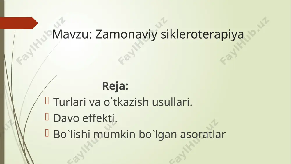 20 daqiqa davomida yurish kerak davo effekti: tiklanish davri juda qisqa. dastlab, operatsiyadan soʻng, (1 -3 oy) siqib turuvchi paypoq kiyish kerak, ammo sklerozdan keyin bir necha kun oʻtgach, bemor ochiq libos kiyish imkoniga ega boʻladi. sklerozdan soʻng shifokorlarning asosiy tavsiyasi kunlik soatlik yurishlar majburiy, shuningdek, harakatchanlikka cheklovlar yoki aksincha, ortiqcha jismoniy faollikka. bundan tashqari, tashrif buyuradigan vannalar va saunalarni 1 -2 oyga qoldiring. . skleroterapiya koʻpincha varikoz venalarining kosmetik nuqsonini uzoq muddatga toʻgʻrilaydi. skleroterapiya toʻliq bajarilmasa ham, kasallik belgilari sezilarli darajada kamayadi. baʼzida skleroterapiya bir necha seansni tashkil qiladi. bo`lishi mumkin bo`lgan asoratlar: baʼzi bemorlarda oʻrtacha 3 oy ichida oʻz-oʻzini yoʻq qiladigan varikoz venalarining toʻrlari paydo boʻlishi mumkin. bundan tashqari, sklerotizatsiyalangan venada (bemorlarning taxminan 5 foizida) pigmentatsiya koʻrinishi paydo boʻlishi mumkin. terining qorayishi bir yildan ortiq davom etaveradi, bundan keyin u butunlay yoʻqoladi. e`tiboringiz uchun rahmat!!! image1.png image2.png image3.png image4.png image5.png /docprops/thumbnail.jpeg