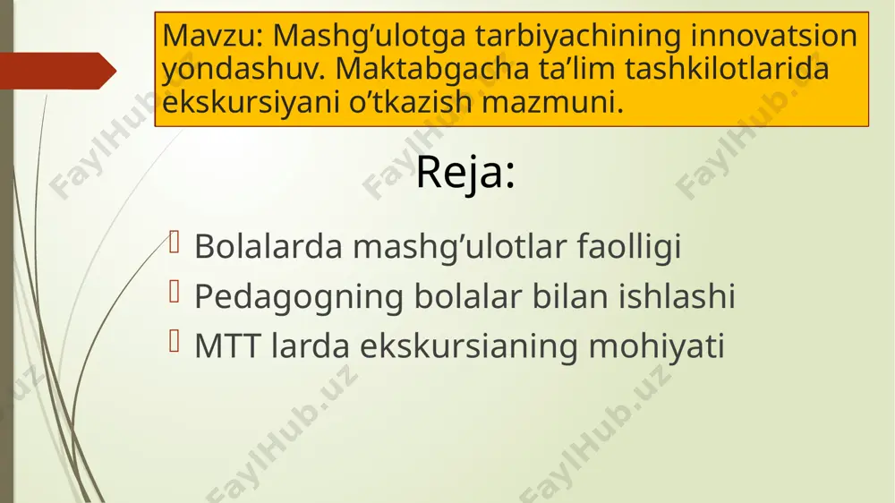 inishi, joy-joyiga to’g’ri o’tirishganligi, diqqatini to’plaganini sinab ko’radi. mashg’ulot muvaffaqiyatli o’tishi uchun bolalar oldida turgan faoliyatga qiziqish uyg’otishi, buning uchun bolalarning yoshi, qiziqishi, faoliyatiga mos har xil usullarni qo’llashi kerak. kichik guruh bolalarida mashg’ulotga qiziqish uyg’otish uchun bolalarni qiziqtiradigan mazmundagi, kutilmagan, topishmoqli usullardan foydalanadi. «quloq solinglar-chi, kimdir eshik qoqyapti! bu qo’g’irchoq biznikiga mehmonga kelibdi», - deb mashg’ulotni boshlash mumkin. bolalarning narsalar va ularning nimaga ishlatilishi to’g’risidagi tasavvurini tartibga soluvchi mashg’ulot mana shunday boshlanadi. katta guruhlarda qanday mashg’ulot bo’lishini tarbiyachi bolalarga oldindan aytib qo’yadi. bu bolalarning bo’lajak mashg’ulotga qiziqishini orttiradi. masalan, mustaqillik maydoniga ekskursiyaga borishni bolalarga bir hafta oldin aytib o’tadi va ularga rasmlarni ko’rishni, ota-onasi bilan sayr qilganda nimalarni ko’rganini eslashni taqlif etadi. bolalar bu kunni zo’r qiziqish bilan kutishadi. katta va tayyorlov guruhlaridagi bolalar mashg’ulotning zarurligi va majburiyligini tushunishlari, unga ongli ravishda tayyorlanishlari zarur. asosiy qism. mashg’ulotda bolalarga yangi bilim beriladi, topshiriqni bajarish yuzasidan yo’l-yo’riq, ko’rsatiladi, qiynalgan bolalarga yordam …