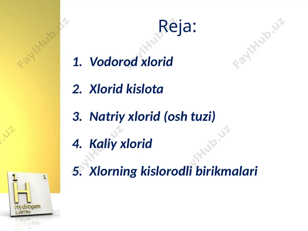 shqadaryodagi tubokat va surxondaryodagi xo‘jaikon konlaridan qazib olinadi. kaliy xlorid o‘yuvchi kaliy, xlor va xlorning birikmalari ham kaliy xloriddan olinadi. kaliy xlorid qishloq xo‘jalik ekinlari uchun kaliyli o‘g‘it sifatida muhim ahamiyatga ega. gipoxlorit kislota — hc lo beqaror modda bo‘lib, u suyultirilgan eritmalardagina mavjud bo‘ladi. hclo kuchli oksidlovchidir. u asta-sekinlik bilan parchalanib, atom holdagi kislorodni ajratib chiqaradi: hclo = hcl + o hc lo2 — xlorit kislota nihoyatda beqaror, faqat suyultirilgan eritmalardagina mavjud. kuchli oksidlovchidir. tuzlari beqaror, zarb ta’sirida portlaydi. hc lo3 — xlorat kislota beqaror modda bo‘lib, eritmadagina mavjud. eritmadagi kislota konsentratsiyasi 40% dan ortib ketsa portlab, parchalanadi. xlorat kislota va uning tuzlari — xloratlar ham oksidlovchilardir. image2.jpeg image3.png image4.jpeg image5.jpeg image6.png image7.jpeg image8.png image9.png image10.jpeg image11.png image12.jpeg image13.jpeg image14.jpeg image15.jpeg image16.png image17.jpeg image18.jpeg image19.jpeg image20.jpeg image21.jpeg image22.jpeg image23.png image24.jpeg image25.jpeg image26.jpeg image27.png image28.jpeg image1.png /docprops/thumbnail.jpeg