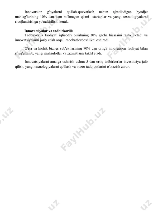 odiy o'sishning 30% gacha hissasini tashkil etadi va innovatsiyalarni joriy etish orqali raqobatbardoshlikni oshiradi. o'rta va kichik biznes sub'ektlarining 70% dan ortig'i innovatsion faoliyat bilan shug'ullanib, yangi mahsulotlar va xizmatlarni taklif etadi. innovatsiyalarni amalga oshirish uchun 5 dan ortiq tadbirkorlar investitsiya jalb qilish, yangi texnologiyalarni qo'llash va bozor tadqiqotlarini o'tkazish zarur. 📌xulosa тадбиркорлик фаолияти жамият ривожланишининг муҳим омили бўлиб, унинг самарали ривожланиши учун қулай ишбилармонлик муҳити ва зарур инфратузилма яратилиши лозим. муваффақиятли тадбиркорлик кучли рақобат ва инновациялар орқали таъминланади. 📚foydalanilgan adabiyotlar 1. курбонов, ш.ш. тадбиркорлик фаолиятининг назарий асослари ва амалий жиҳатлари. тошкент: "узбекистон", 2010. 2. юсупов, х.ю. тадбиркорлик: назария ва амалиёт. тошкент: "меҳнат", 2015. 3. мирзаев, а.м. тадбиркорлик фаолиятини ривожлантиришнинг иқтисодий-ҳуқуқий асослари. тошкент: "adolat", 2018. 4. раҳимов, б.р