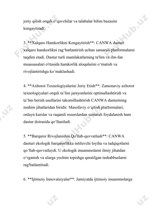 rni kengaytirib yoki o'zgartirib olishlari mumkin. 9. **tajriba va qo'llab-quvvatlash**: canwa dasturi bilan birga foydalanuvchilarga tajriba va qo'llab-quvvatlash xizmatlari ham taqdim etiladi. bu foydalanuvchilar uchun dasturdan samarali va to‘g‘ri foydalanishda katta yordamdir. yuqorida keltirilgan imkoniyatlar orqali canwa dasturi foydalanuvchilarga samarali boshqaruv va tezkor operatsiyalarni ta'minlaydi. asosiy maqsad - foydalanuvchilarning ishlash jarayonini qulaylashtirish, optimallashtirish va xarajatlarni kamaytirish hisoblanadi. bu dastur orqali foydalanuvchilar o'z bizneslarini yanada rivojlantirish va bozorda raqobatbardoshlikni oshirish imkoniga ega bo'ladilar. 3. canwa dasturining o'rnatish va sozlash jarayoni canwa dasturining o'rnatish va sozlash jarayoni haqida batafsil ma'lumot berishdan avval, dastur haqida qisqacha tushuncha berib o'taman. afsuski, siz zikr qilgan "canwa" dasturini aniq bilmasligim sababli, umumiy dasturlarning o'rnatilishi va sozlanishi jarayonini ko'rib chiqamiz. dastur bu qaysi sohada qo'llanilishiga qarab, o'rnatish va sozlash jarayonlari har xil bo'lishi mumkin. umumiy holda, dasturlarni o'rnatish va sozlash jarayonlari quyidagi bosqichlarni o'z ichiga oladi. 1. **tizim talablarini tekshirish:** - har bir dasturni o'rnatishdan avval, avvalo …