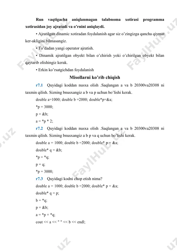 && *p != ‘\0’) { p++; } while (*p == ‘ ‘) { p++; } } r7.17 quyidagi c++ da 3 marta qaytaradigan kodni hisoblash. string a = "hello"; string b = a + a + a; faraz qiling c string char t[100];dek elon qilinadi c string uchun qaytaradigan ekvivalent kod yozish. r7.18 quyidagi c++ huquqlarini ajratish void f(int p[]) { int* q; const int* r; int s[10]; p = q; 1 p = r; 2 p = s; 3 q = p; 4 q = r; 5 q = s; 6 r = p; 7 r = q; 8 r = s; 9 s = p; 10 s = q; 11 s = r; 12 } r7.19 agar siz heapdan qo’lga kiritgan obyektlarni o’chirib tashlashni unutgan bo’lsangiz nima sodir boladi?agar siz ikki marta o’chirsangiz nima sodir bo’ladi? r7.20 tajribasiz va null ko’rsatgichini o’chirib tashlaydigan dastur yozisg. dastur ishlaganda nima …