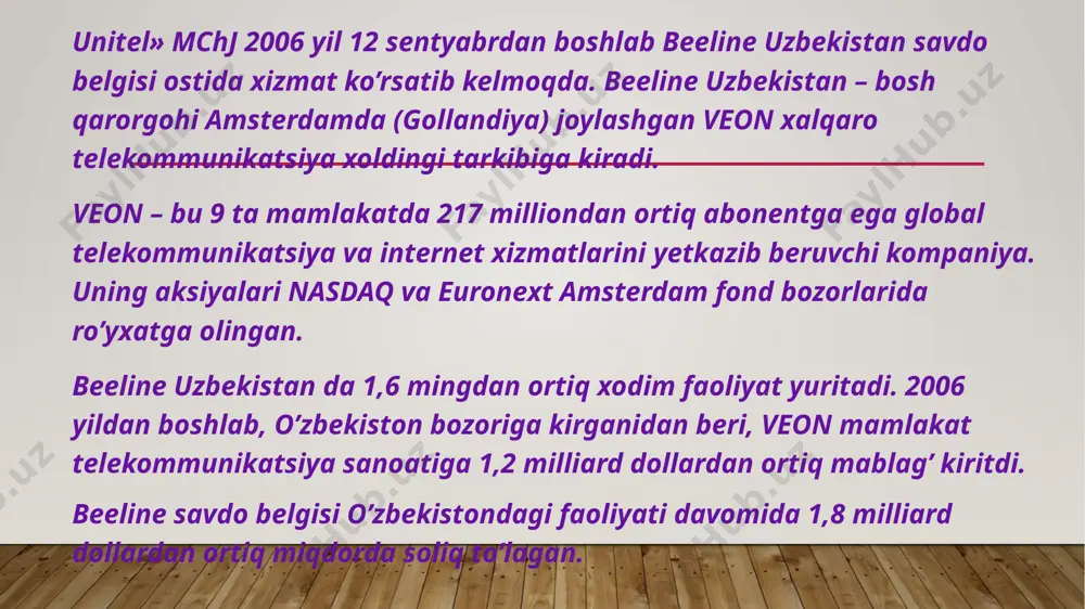 ingdek, innovatsion mahsulot va xizmatlarni ishga tushirish bo’yicha o’z hissasini qo’shmoqda. o’zbekistonda fttb texnologiyasi (fiber to the building) va 3g texnologiyalardan foydalangan holda yuqori tezlikdagi internetga kirishni ta’minlaydigan hududlarda zamonaviy telekommunikatsion xizmatlarning mavjudligini oshirishga katta hissa qo’shib kelmoqda. kompaniya shuningdek telekommunikatsiya bozorini yanada tizimli rivojlantirishga yordam beradigan optimal yechimlarni ishlab chiqish uchun tartibga soluvchi organlar bilan konstruktiv muloqotni davom ettirmoqda. veon» bugungi kunda dunyoning 19 mamlakatida 70 mingga yaqin xodimlar mavjud. tashkilotning barcha darajalarida kompaniyaning strategik maqsadlariga erishish uchun ishlaydigan mutaxassislar jamoasi. kompaniya xodimlar siyosati sohasida yuqori xalqaro standartlarga mos keladi, bozorning eng yaxshi xodimlarni jalb qiladi, shuningdek, xodimlarning o’z iste’dodlarini to’liq amalga oshirishga imkon beruvchi ichki xodimlar zaxirasini shakllantiradi. kompaniya o’z xodimlarini qadrlaydi va ish haqi, sug’urta, biznes-uyali aloqa va boshqa imtiyozlarning qat’iy va o’zgaruvchan qismidan iborat jozibador va raqobatbardosh kompensatsiyaviy paketini taklif etadi. «veon» kompaniyalar guruhi turli ekspertlar va tahlilchilar tomonidan eng jozibali ish beruvchilardan biri sifatida e’tirof …