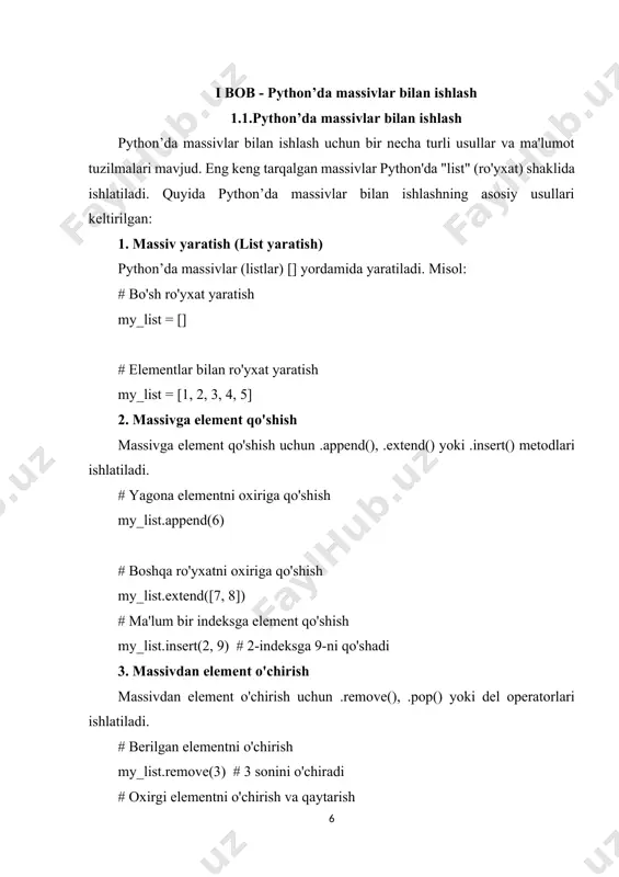 rtiq massivni birlashtirish uchun + operatoridan foydalanish mumkin. list1 = [1, 2, 3] list2 = [4, 5, 6] # ro'yxatlarni birlashtirish combined_list = list1 + list2 11. massivni tartiblash massivdagi elementlarni o'sish yoki kamayish tartibida joylashtirish uchun sort() yoki sorted() metodlarini ishlatish mumkin. # o'sish tartibida tartiblash my_list.sort() # kamayish tartibida tartiblash my_list.sort(reverse=true) bu python’dagi massivlar bilan ishlashning asosiy usullari. ularni qo'llash orqali ro'yxatlar bilan turli xil amallarni bajarish mumkin. 1.2.massivlar tushunchasi va ularning xususiyatlari massivlar (yoki ro'yxatlar) – bu bir nechta elementlarni saqlash uchun ishlatiladigan ma'lumotlar tuzilmasidir. python dasturlash tilida massivlar asosan ro'yxat (list) shaklida ishlatiladi. massivlar biror ma'lumot turidagi bir nechta qiymatni bir joyda saqlash imkonini beradi va ular turli xususiyatlarga ega. massivlarning tushunchasi massivlar — bir necha elementlardan tashkil topgan ma'lumotlar tuzilmasi bo'lib, har bir elementga indeks orqali murojaat qilish mumkin. python’da ro'yxatlar (listlar) har qanday turdagi elementlarni saqlashi mumkin, ya'ni ular sonlar, matnlar, boolean qiymatlar va …