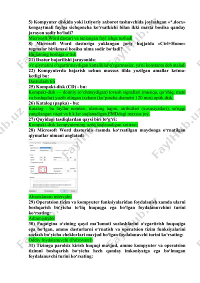 microsoft word asosida kompyuterda amallar bajarish bo'yicha savollar va javoblar — DOC