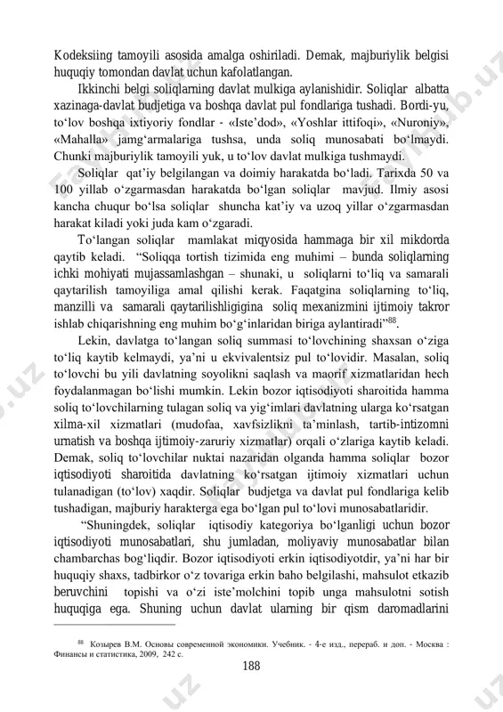 bunda rejalashtirilgan budjet xarajatlarini manzilli va maqsadli sarflanishini ta’minlanishi natijasida xarajatlarning maksimal iqtisod qilinishi ta’minlanmoqda. 14.3. soliqlarning turlari va funksiyalari soliqlar majburiy to‘lovni ifoda etuvchi pul munosabatlarini bildirib, bu munosabatlar soliq to‘lovchilar (huquqiy va jismoniy shaxslar) bilan soliqni o‘z mulkiga aylantiruvchi davlat o‘rtasida yuzaga keladi. korxona va tashkilotlar aholiga xizmat ko‘rsatganida, ishlar bajarganida yoki bozorlarda oldi-sotdi kilganda ham pul to‘lovlari mavjud. lekin ular soliq bula olmaydi. soliq munosabati bulish uchun davlat mamlakatda yaratilgan yalpi ichki mahsulot kiymatini taksimlash yo‘li bilan majburan davlat budjetiga mablag to‘plash jarayonini amalga oshiradi. soliqlarning o‘ziga xos belgilari mavjud bo‘ladi, ularga: majburiylik, xazinaga tushishlik, kat’iylik va doimiylik, anik soliq to‘lovchi uchun ekvivalentsizlik belgilari mavjuddir. birinchi belgi-majburiylik. soliq va yig‘imlar majburiy bo‘ladi, bunda davlat soliq to‘lovchining bir kism daromadlarini majburiy badal sifatida budjetga olib kuyadi. bu majburiylik oliy majlis tasdiqlab bergan soliq 188 kodeksiing tamoyili asosida amalga oshiriladi. demak, majburiylik belgisi huquqiy tomondan davlat uchun kafolatlangan. ikkinchi …