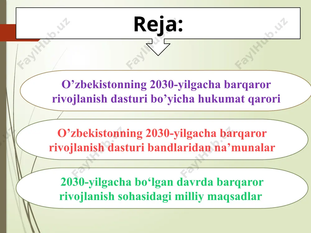 sh va hal qilish uchun tegishli mutaxassislar va ekspertlarni, shu jumladan xorijiy, shuningdek, ilmiy va boshqa muassasalarni jalb qilish. vazirlar mahkamasining 2022-yil 21-fevraldagi 83-son qaroriga 1-ilova.lex.uz va wikipedia.26.04.2024 6. milliy maqsad va vazifalarning izchil va zarur darajada bajarilishi, o‘zbekiston respublikasi vazirlar mahkamasiga kiritilayotgan normativ-huquqiy hujjatlar loyihalarining ularga muvofiqligi yuzasidan vazirliklar va idoralar, mahalliy ijro etuvchi hokimiyat organlari rahbarlarining shaxsiy javobgarligi belgilansin. vazirlar mahkamasining 2022-yil 21-fevraldagi 83-son qaroriga 1-ilova.lex.uz va wikipedia.26.04.2024 7. mazkur qarorning bajarilishini nazorat qilish o‘zbekiston respublikasi bosh vazirining o‘rinbosari — moliya vaziri j.a. qo‘chqorov hamda iqtisodiyot vaziri b.a. xo‘jayev zimmasiga yuklansin. vazirlar mahkamasining 2022-yil 21-fevraldagi 83-son qaroriga 1-ilova.lex.uz va wikipedia.26.04.2024 2030-yilgacha bo‘lgan davrda barqaror rivojlanish sohasidagi milliy maqsadlar 1-maqsad. barcha joylarda aholining kam ta’minlanganlik darajasini pasaytirish. vazirlar mahkamasining 2022-yil 21-fevraldagi 83-son qaroriga 1-ilova.lex.uz va wikipedia.26.04.2024 2-maqsad. oziq-ovqat xavfsizligini mustahkamlash, ovqatlanish ratsionini yaxshilash hamda qishloq xo‘jaligining barqaror rivojlanishiga ko‘maklashish. vazirlar mahkamasining 2022-yil 21-fevraldagi 83-son qaroriga 1-ilova.lex.uz va wikipedia.26.04.2024 3-maqsad. …