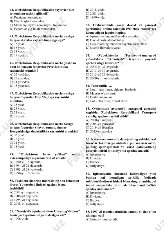 li” nechta tamoyil asosida joriy etilgan? a) 3 ta. b) 6 ta. c) 5 ta. d) 7 ta. 34. “o‘zbek modeli”ning asoschisi kim? a) sh.m.mirziyoyev. b) r.nishonov. c) v.elsin. d) i.a.karimov. 35. o‘zbekiston respublikasida qachondan boshlab oliy majlis ikki palatali parlament sifatida o‘z faoliyatini boshlagan? a) 1995-yil. b) 2000-yil. c) 2005-yil. d) 2002-yil. 36. o‘zbekiston «adolat» sotsial-demokratik partiyasi qachon tashkil topdi? a) 1995-yil fevralda b) 1991-yil iyunda c) 1999-yil noyabrda d) 1993-yil martda 37.qaysi yillarda mamlakatimiz parlamenti oliy majlis bir palatali tizim asosida faoliyat yuritdi? a) 1990–1994-yillar. b) 1991–1994-yillar. c) 1995–2004-yillar. d) 1995–2010-yillar. 38. oliy majlis senatiga qoraqalpog‘iston respublikasi, viloyatlar va toshkent shahridan … nafardan, jami … kishi saylanadi. prezident tomonidan tayinlanadigan … nafar elyurtda obro‘-e’tibor qozongan kishilar senatning a’zosi bo‘lishadi. a) 6, 84, 16. b) 6, 86, 12. c) 16, 86, 18. d) 6, 82, 14. 39.mahalliy hokimiyatning ikki mustaqil organi – vakillik va ijro organlari tizimiga boshchilik qiladi …