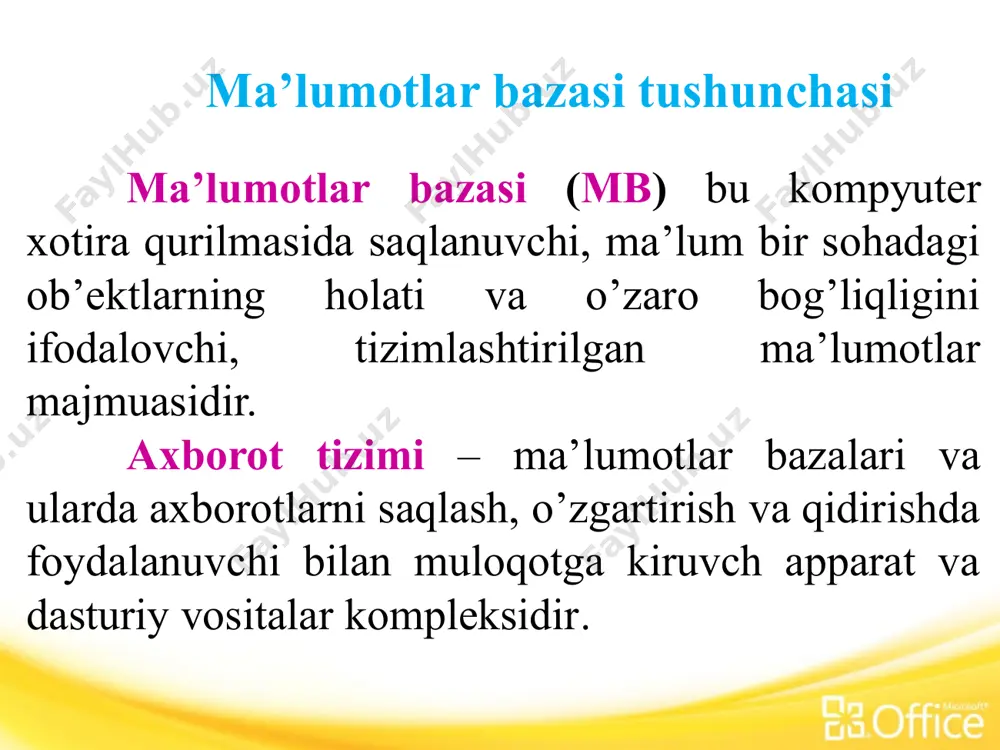 tida mbbt, matn muharrirlari, elektron jadvallar va elektron pochta dasturlari qo’llanilishi mumkin. mbbt vazifalarisi katta hajmdagi axborot bilan ishlash qulayligi; ma’lumotlarni tez qidirib topish va saralash; boshqa bazalar bilan axborot almashinuvi; ma’lumotlarni turli ko’rinishlarda ifodalash ma’lumotlarni o’zgartirish imkoniyatlari chop etish turli hisobotlarni tayyor shakllar ko’rinishida olish microsoft access microsoft access – bu windows muhitida foydalanish uchun interfaol relyatsion (relational database management system - rdbms ). dastur o’rnatilgan munosabatlarga mos ravishda ma’lumotlarni saqlash va foydalanish uchun ishlatiladi. dasturning grafik imkoniyatlari yuqori sifatli hisobotlar tayyorlash va chop imkonini beradi. bu imkoniyatlar true-type shriftlari va dastur tarkibidagi ole-lar (object linking and embeding) tufayli paydo bo’lyapti. ole - ob’et: ma’lum bir axborotga murojaatdir. excel - jadvali, paintbrush - illustratsiyalar yoki sound – fayllar ole - ob’et bo’lishi mumkin. maydon tipi (formati) turli yozuvlarga mos qiymatlarni kiritish imkonini beradi. maydonning asosiy xarakteristikalari: nomi tipi o’lchami formati ma’lumotlar bazasi maydoni katakchalariga sig’ishi mumkin bo’lgan ma’lumotlarning maksimal …