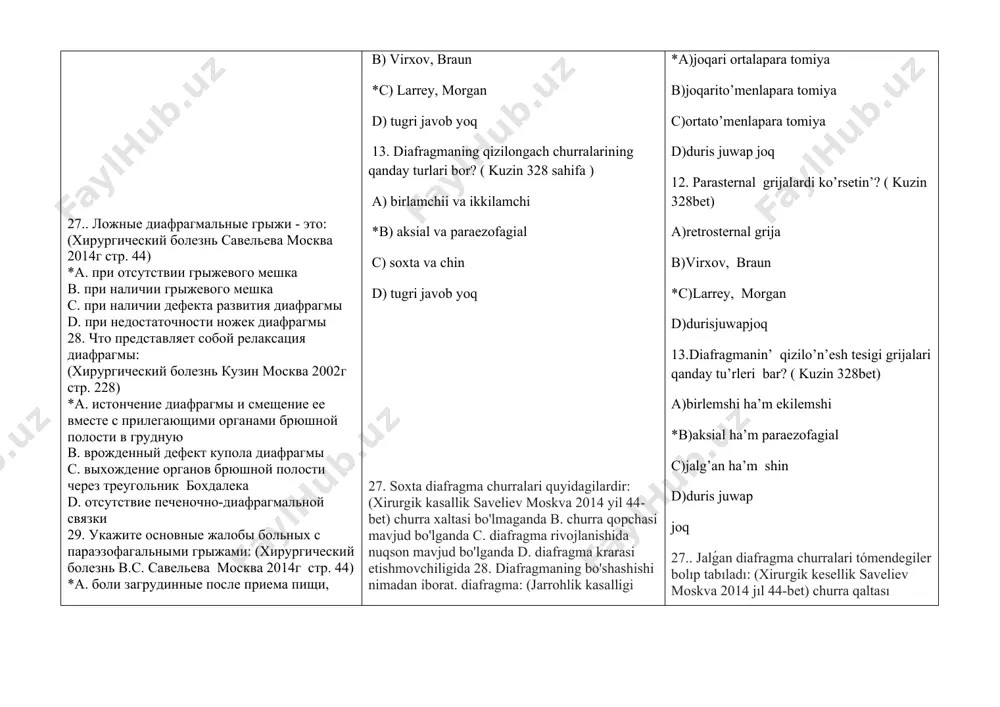 я на своем месте b. наличие кровавой рвоты c. изжога, отрыжка, дисфагия d. истинная, ложная, тотальная 48. виды релаксации диафрагмы: (хирургический болезнь кузин москва 2002гстр 232) *a. врожденная, приобретенная, полная, частичная b. со сдавлением легкого и смещение средостения, без сдавления легкого c. истинная, ложная, тотальная d. полное отсутствие пищевода; 49.когда делается фундопликация по ниссену? (хирургический болезнь кузин москва 2002гстр 229) *a. при грыже диафрагмального отверстия пищевода; b. при опухолях пищевода; c. при хроническом кардиоспазме; d. при раке сигмовидной кишки. 50. осложнениями грыжи пищеводного отверстия диафрагмы могут быть (хирургический болезнь кузин москва 2002гстр 229) a. рефлюкс-эзофагит; b. ущемление; c. пептическая стриктура пищевода; *d. все перечисленные. 51. при каких условиях рентгенологически выявляются скользящие грыжи пищеводного отверстия диафрагмы? (хирургический болезнь кузин москва 2002гстр 228) а) в положении стоя; б) в полусидячем положении; в) в положении тренделенбурга;* г) искусственной гипотонии 12-перстной кишки; д) в положении на боку. 52. какой метод исследования является наименее информативным …