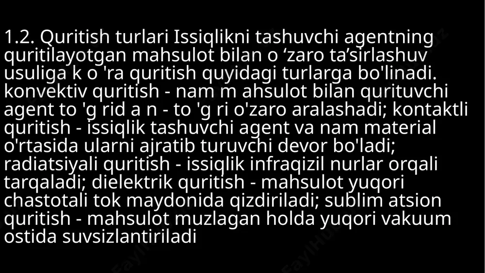 chi bo'sh silindrsimon, diametri 5 m va balandligi 8 m gacha bo'lgan uskunadan iborat bo'lib, uning yuqorigi qismida quntilishi lozim bo'lgan material sochib beriladi va parallel oqim ida harakat qilayotgan qurituvchi agent (issiq havo va tutunli gazlar) bilan to'qnashadi, natijada namlik katta tezlik bilan bug'lanadi. sochib beriluvchi quritgichlarda bug'lanishning solishtirma yuzasi katta b o ia d i, shu sababli quritish jarayoni qisqa vaqt (taxminan 15-30 soniya) davom etadi. quritish qisqa vaqt davom etganligi sababli jarayon past haroratlarda olib boriladi, natijada sifatli kukunsimon m ahsulot olinadi agar nam material oldin qizdinb olinsa, sovuq holdagi qurituvchi agentdan ham foydalansa bo'ladi. m aterialni sochish uchun mexanik va pnevmatik forsunkalar hamda markazdan qochma disklar (aylanishlar soni daqiqasiga 4000-20000 marta) ishlatiladi 2.5. pnevmatik quritgichlar donador (lekin yopishib qolm aydigan) va kristall m ateriallami quritish uchun pnevmatik quritgichlar ishlatiladi. quritish jarayoni uzunligi (h) 25 m gacha b o ig a n vertikal quvurda olib boriladi. m …
