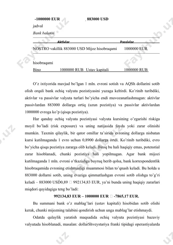 xorijiy valyutalarga nisbatan kursining o’zgarashi natijasida yuzaga keladigan valyuta riskini tartibga solish maqsadida vakolatli banklar uchun ochiq valyuta pozistiyalarining limitlarini belgilaydi. jumladan, har qanday xorijiy valyutaning bir turi bo’yicha ochiq valyuta pozistiyasining limiti har bir operastion kun yakunida vakolatli bank regulyativ kapitalining 10%idan ortmasligi kerak. har bir operastion kun yakunida ochiq valyuta pozistiyalarining umumiy qiymati bank regulyativ kapitalining 20% idan oshib ketmasligi lozim. ochiq valyuta pozistiyalarining belgilangan limitlardan ortib ketgan qismi bank tomonidan keyingi operastion kunga o’tkazilmaydi. ochiq valyuta pozistiyalari belgilangan limitlardan ortib ketgan sharoitda bank joriy kun yakuniga qadar ochiq valyuta pozistiyalarini belgilangan limitlarga olib kelish maqsadida zaruriy balanslovchi bitimlarni (masalan, xorijiy valyutani sotishni) amalga oshirishi kerak xalqaro bitimning amalga oshirilishi davri mobaynida shartnomadagi valyuta kursi boshqa valyutalar kurslariga nisbatan bir qator iqtisodiy omillar ta'siri ostida o’zgarishi mumkin. bu esa o’z navbatida shartnomada ishtirok etuvchi taraflarni ma'lum bir yo’qotishlarga olib kelishi mumkin. 70-yillarning boshidan barcha davlatlarning erkin suzadigan kurslar …