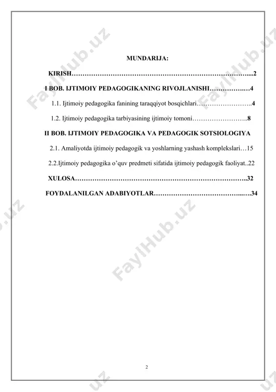 ining ko‘lamini kengaytiradi,o‘sayotgan avlod tarbiyasida yangi imkoniyatlar ochadi. ma’naviy muassasalar yana bir muhim vazifa bajaradi. gap odamlarning jamoa bo‘lib ma’naviy hayot kechirishni tashqil etish ustida bormokda. bu vazifa inson va jamiyatning bilish extiyojini kondirish, ularning faoliyatida uchraydigan hodisalarni, mehnatini, turmushini, bo‘sh vaqtini chukur mushoxada qilish bilan uzviy bog‘liqdir. kurs ishining maqsadi. ijtimoiy pedagogika o‘quv fani sifatida ham oldinga chiqishi mumkin. o‘quv fani - bu umumta’lim yoki maxsus ta’lim muassasalalarida o‘rganiladigan predmetdir. o‘zbekistonda ijtimoiy pedagogikaning rivojlanishi o‘ziga xos xususiyatga ega - fan, ilmiy bilimlar sohasida maxsus amaliy faoliyat hamda o‘quv fani sifatida. qadim antik davrlardayok bolani himoya qilish maqsadida o‘z ijtimoiy pedagogik tarbiyaga oid muammolarni oldinga surganlar. eramizdan avvalgi 7-6 asrlar markaziy osiyo xududida jahon dinlari orasida eng kadimgi din zardushtiylik dini xukumronlik qildi. bu din insoniyatga katta ta’sir qildi, ya’ni insonni birinchi o‘ringa olib chikdi. zardushtiylar muqaddas kitobi “avesto” (olovga siginish) o‘z erasining o‘ziga xos komusiy asari deb hisoblash mumkin. …