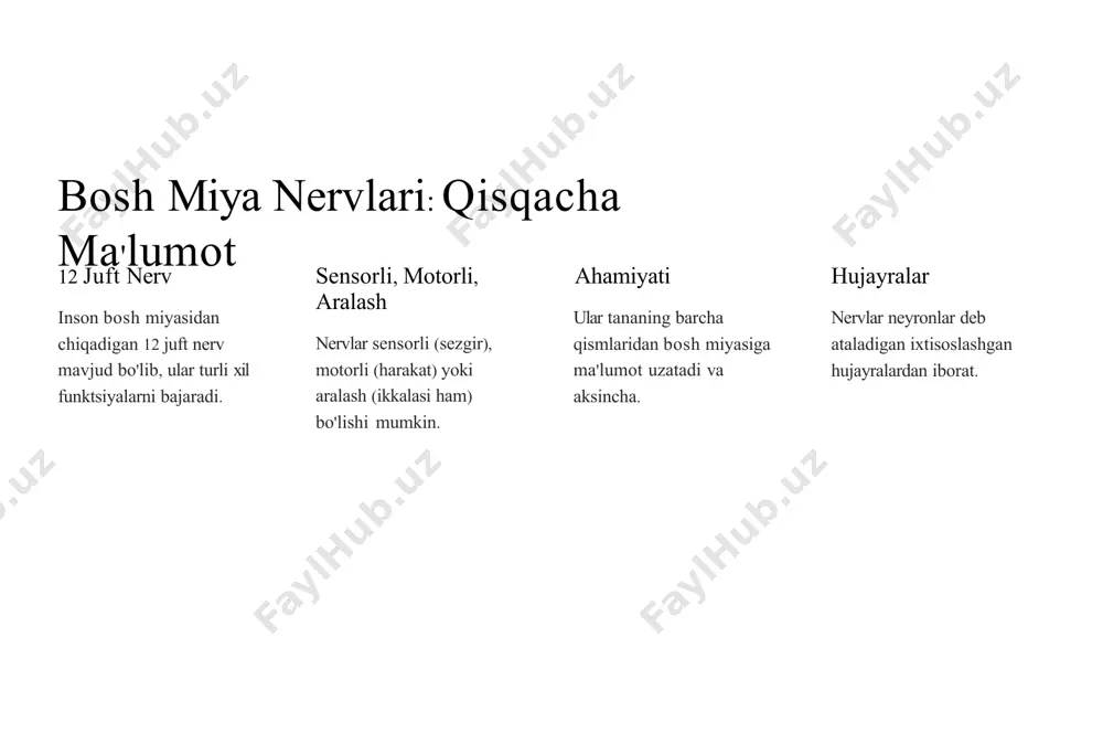 nida, ko'z olmasi ichkariga qarab qaraydi, chunki tashqi tomonga uzoqlashtirish qobiliyati yo'qoladi. ikki ko'zning bir-biriga to'g'ri kelmasligi bu holat, ikki ko'zning bir-biriga to'g'ri kelmasligi (strabismus) deb ataladi. ko'rish muammolari shuningdek, ikki ko'zning bir- biriga to'g'ri kelmasligi tufayli, ko'rishda qiyinchiliklar bo'lishi mumkin. bosh aylanishi va ko'ngil aynishi ba'zi hollarda, 6-juft nerv buzilishi bosh aylanishi va ko'ngil aynishiga olib kelishi mumkin. diagnostika usullari 1 tibbiy tarix bemorning shikoyatlari va tibbiy tarixi to'g'risida ma'lumot to'plash. 2 jismoniy tekshiruv ko'zning harakatini kuzatish va boshqa jismoniy tekshiruvlar o'tkazish. 3 tasvirlash usullari ko'zning holatini tasvirlash uchun kt yoki mrt tekshiruvi o'tkazish. 4 elektrofiziologik tekshiruvlar nervlarning faoliyatini baholash uchun elektromiyografiya o'tkazish. davolash va reabilitatsiya chora-tadbirlari 1 sabablarni bartaraf etish agar buzilish boshqa kasalliklar tufayli bo'lsa, ularni davolash kerak. 2 operatsiya ba'zi hollarda, ko'z mushaklarini tuzatish uchun operatsiya talab etiladi. 3 reabilitatsiya ko'z mushaklarini kuchaytirish va ko'rishni tiklash uchun mashqlar o'tkazish. 4 davolashni kuzatish davolash natijalarini kuzatish va …