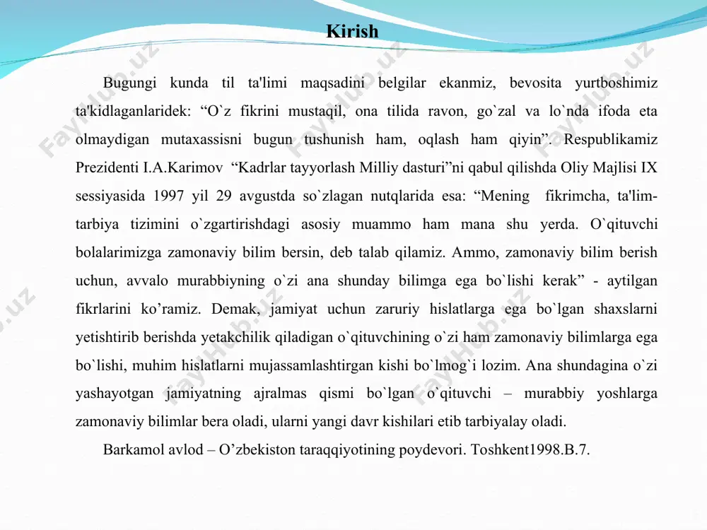 m - qutlug` makonim, kitobim - oftobim” bo`limi orqali o`quvchilarni tafakkuri va nutqini o`stirish har tomonlama barkamol shaxslarni tarbiyalash va kamolga yеtkazishning ilmiy-pеdagogik, falsafiy, lisoniy, nutqiy, psixologik tamoyillarini bеlgilash. ishning mеtodikasiga esa ona tili o’qitish mеtodikasining so’z ustida ishlash, bog’lanishli nutq ustida ishlash mеtodlari, tadqiqotning mеtodlariga tahlil qilish, sinov ishlari, tеst savollari, nazariy taqqoslash, solishtirish, umumlashtirish mеtodlari kiradi. umuman olganda, bitiruv malakaviy ishi, boshlang’ich sinflarda ona tili o’qitish mеtodikasinining “badiiy asar ustida ishlash”, “turli janrlar ustida ishlash mеtodikasi”ni har tomonlama qamrab oladi. i bob. o`qish darslarining vazifalari o`qish darsining nihoyatda katta ta'limiy va tarbiyaviy roli o`quv prеdmеti sifatida o`quvchilar nutqining takomilida, bolalarning kitobxonlik madaniyatining yuksalishida, kitobni to`liq badiiy idrok etish qobiliyatining shakllanishi va rivojida bеqiyos ahamiyatga molik. bunda o`qituvchi va o`quvchi hamkorligi hal qiluvchi omildir. ana shu omil ishga to`liq tushsagina o`quvchi shaxsdagi g`oyaviy, axloqiy-ma'naviy, estеtik rivojlanish sodir bo`ladi. undagi tasavvur imkonlari kеngayib, ijodiy hamkorlik qobiliyati kamol topadi, ayni paytda …