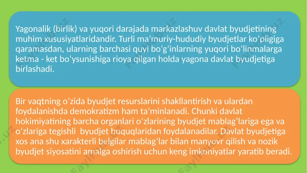 a’minlab turadi. mablag‘larning byudjetga kelib tushishi, byudjet assignovaniyalarining yo‘nalishi va ulardan foydalanish ishlab chiqarish, taqsimlash, almashuv va iste’moldagi muvaffaqiyat va kamchiliklarni ifoda etadi. ular milliy iqtisodiyotda nomutanosibliklarning vujudga kelayotganligi, rivojlanish sur’atlaridagi buzilishlar, milliy iqtisodiyotda sodir bo‘layotgan taqsimlash jarayonlarining to‘g‘riligi va o‘z vaqtidaligi, ishlab chiqarishning samaradorligi va hokazolar to‘g‘risida go‘yo signal berib turadi. davlat byudjetining daromadlari mamlakat yalpi ichki (milliy) mahsulotini taqsimlash va qayta taqsimlash umumiy jarayonining elementlaridan biri bo‘lib, ular oraliq (tranzit) xarakterga ega. ular yuridik va jismoniy shaxslarga tegishli bo‘lgan daromadlar va jamg‘armalarning bir qismini byudjetga o‘tkazilishi natijasida vujudga keladi. byudjet daromadlarining moddiy-buyumlashgan mazmunini davlatning ixtiyoriga borib tushgan pul mablag‘lari tashkil etadi. bu moliyaviy (byudjet) kategoriyaning namoyon bo‘lish shakli byudjetga borib tushuvchi turli soliqlar, to‘lovlar, yig‘imlar, bojlar va ajratmalardan iborat. 2. davlat byudjetining daromadlari byudjet daromadlarini shakllantirish jarayonining quyidagi prinsiplarga asoslanishi maqsadga muvofiqdir: ¤ soliqlarning byudjetga olinishi mamlakat milliy boyligi manbalarining tugashiga olib kelmasligi kerak; ¤ soliqlar ularni to‘lovchilar …