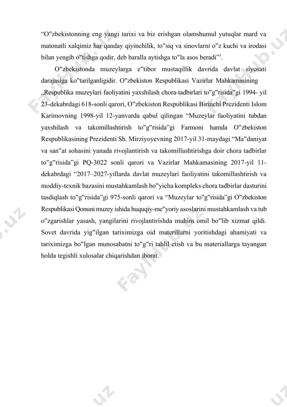 rtasida mustahkam aloqa o‟rnatish, madaniy-ma‟rifiy ishlarni hamkorlikda olib borishga keng imkoniyatlar yaratib berdi. 1991-yilda 31-avgustda o‟zbek xalqi uzoq vaqtlardan beri orziqib kutgan 35 kаримов и. а. янгича фикрлаш ва ишлаш давр талаби. tом. 5. – tошкент: ўзбекистон, 1997. – б. 135. 36 bahriddinov o. muzeylar tariximiz guvohi // namangan haqiqati. 2004 yil 10-mart. mustaqillikka erishdi. mustaqillik tufayli o‟zbekiston muzeylarining ijtimoiy- madaniy hayotda o‟zgarishlari yuz bera boshladi, ekspozitsion ishlarga ham yangicha yondashish paydo bo‟ldi. muzeylarning oldida o‟z ekspozitsiyalarini ifodali va taasurot qoldira oladigan qilib yaratish vazifasi qo‟yildi30. o‟zbekistonning mustaqillikka erishishi iqtisodiy va siyosiy hayotning barcha tarmoqlarida bo‟lganidek madaniy sohada, shu jumladan, boy o‟tmish merosimizni o‟rganish, saqlash va uni keng xalq ommasiga targ‟ib etish borasida ham tub burilish yasadi. vatanimiz ijtimoiy‒iqtisodiy, siyosiy, madaniy, hayotidagi o‟zgarishlar qatorida o‟zbekiston hududidagi muzeylar faoliyatida ham katta o‟zgarishlar sodir bo‟ldi. buning bir qancha omillarini misol qilishimiz mumkin: birinchidan, mustamlakachilik yillarida ongimizdan o‟chirib tashlangan milliy tuyg‟ularni qayta tiklash; …